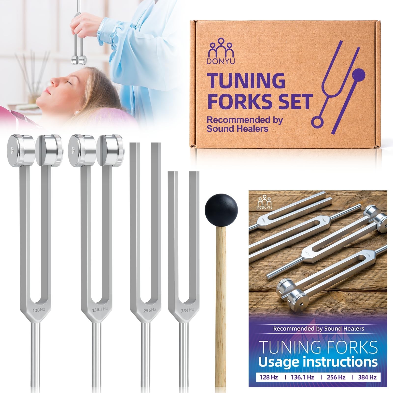 Tuning Fork Set (128 Hz, 136.1 Hz, 256 Hz, 384 Hz): Weighted & Unweighted Tun...