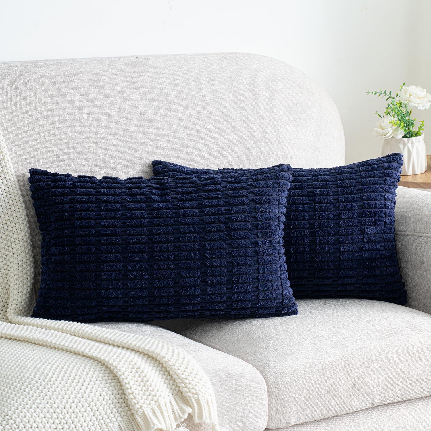 Pack 2, Corduroy Lumbar Pillow Covers 12 x 20 Inch Dark Blue