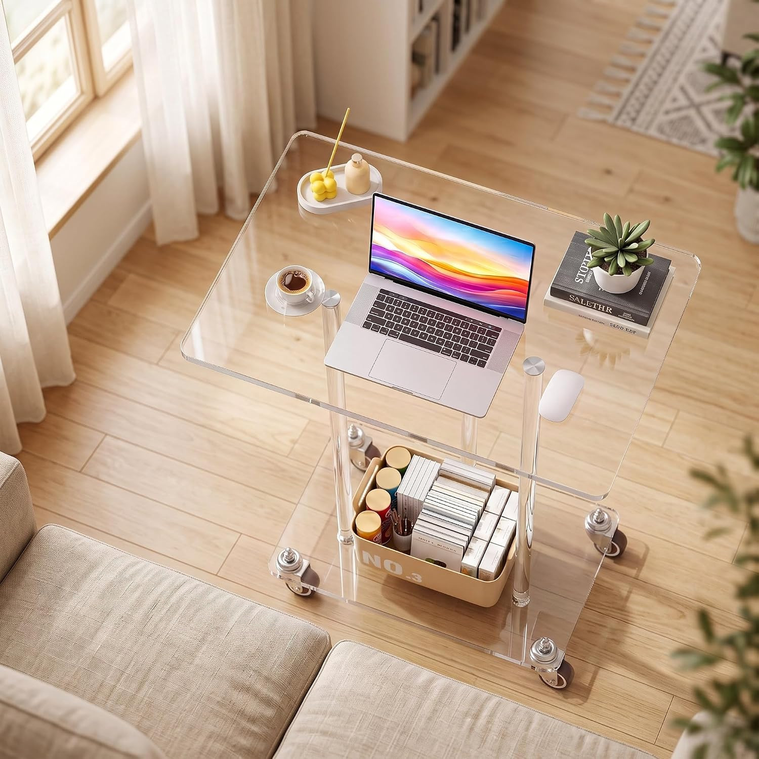 Acrylic Mobile Computer Desk, Clear Rolling Laptop Table with Wheels, Modern Tra