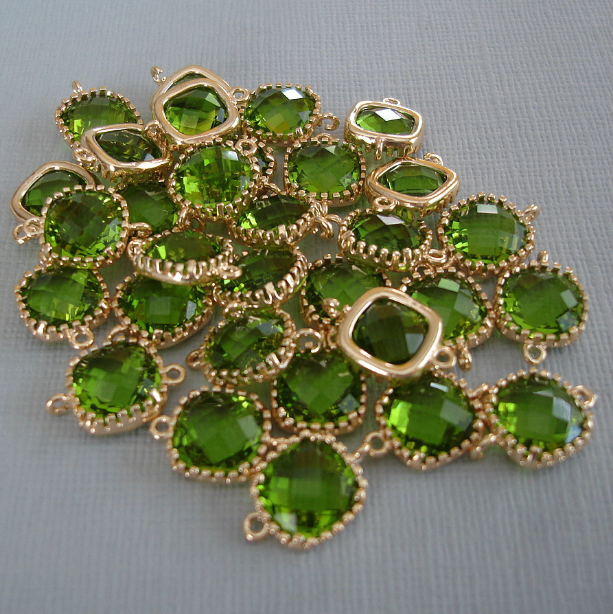 2pcs- Olive Square Framed 24K Gold Plated Brass Glass Bezel Connector .