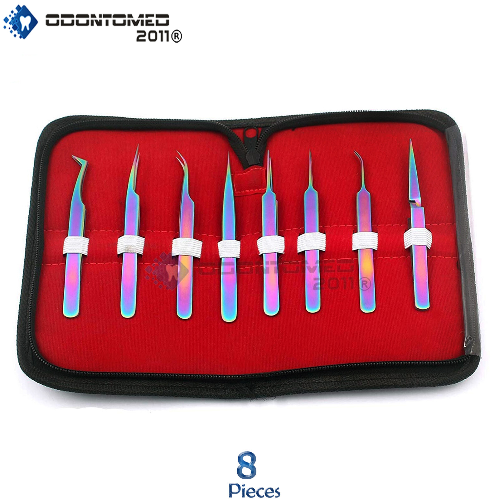 Or Set of 8 Piece Stainless Steel Multi Rainbow Color Eyelash Extension Tweezers