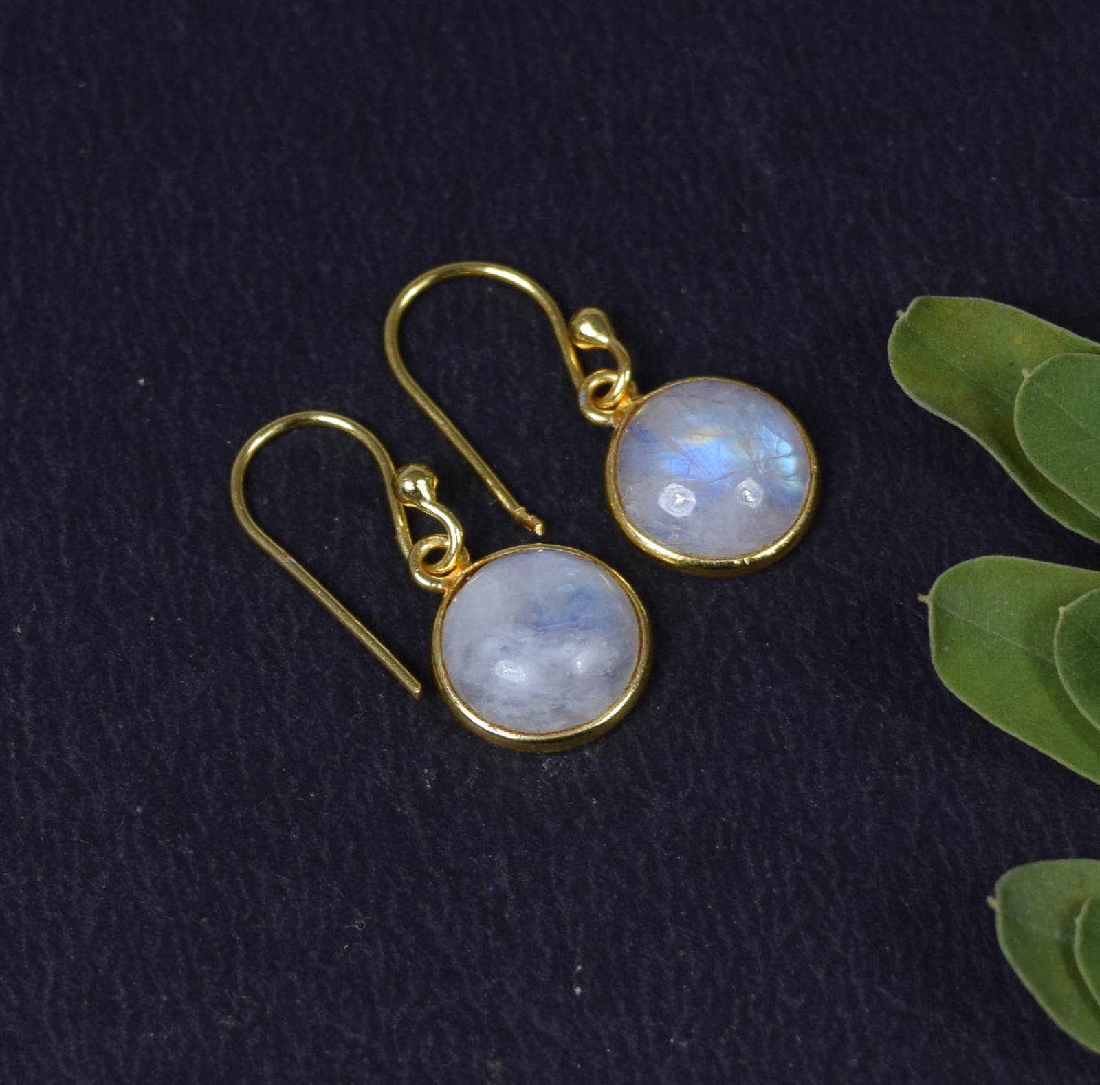 925 Solid Sterling Silver 24ct Gold Overlay White Rainbow Moonstone Earring
