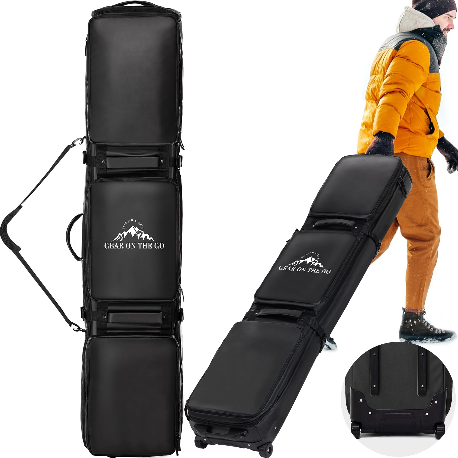 Double Rolling Ski Bag Padded Waterproof Snowboard with 175cm, Black