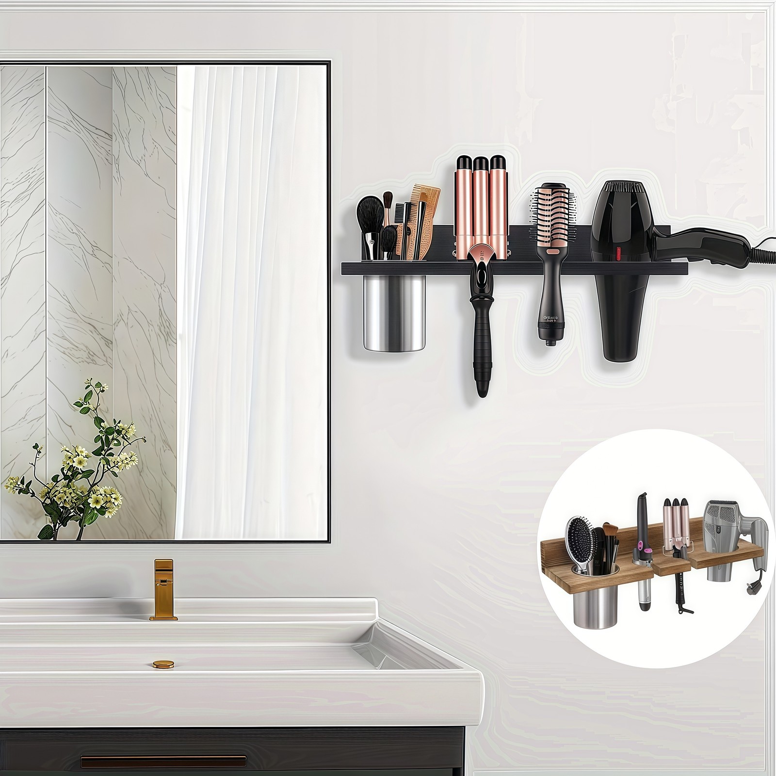 Wall Mounted Wooden Hair Tool Organizer, Multi-functional Storage Rack