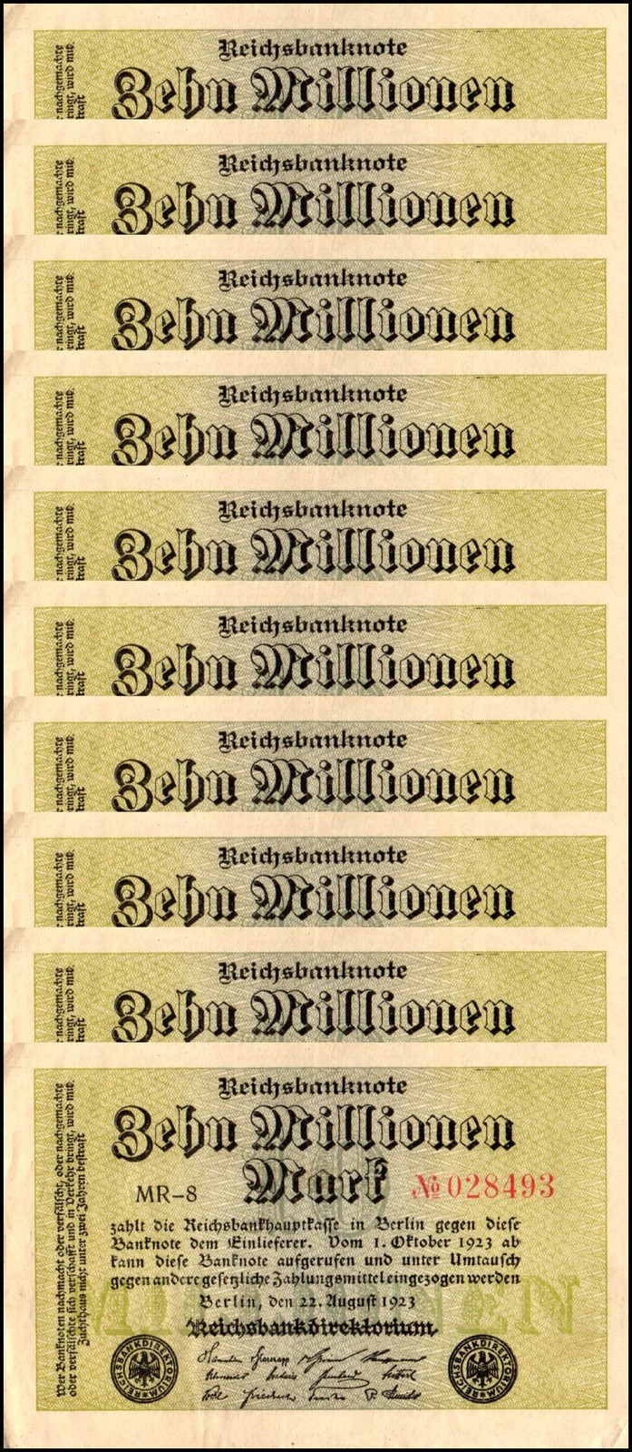 Germany 10 Millionen - Million Mark, 1923, P-106, Used X 10 PCS