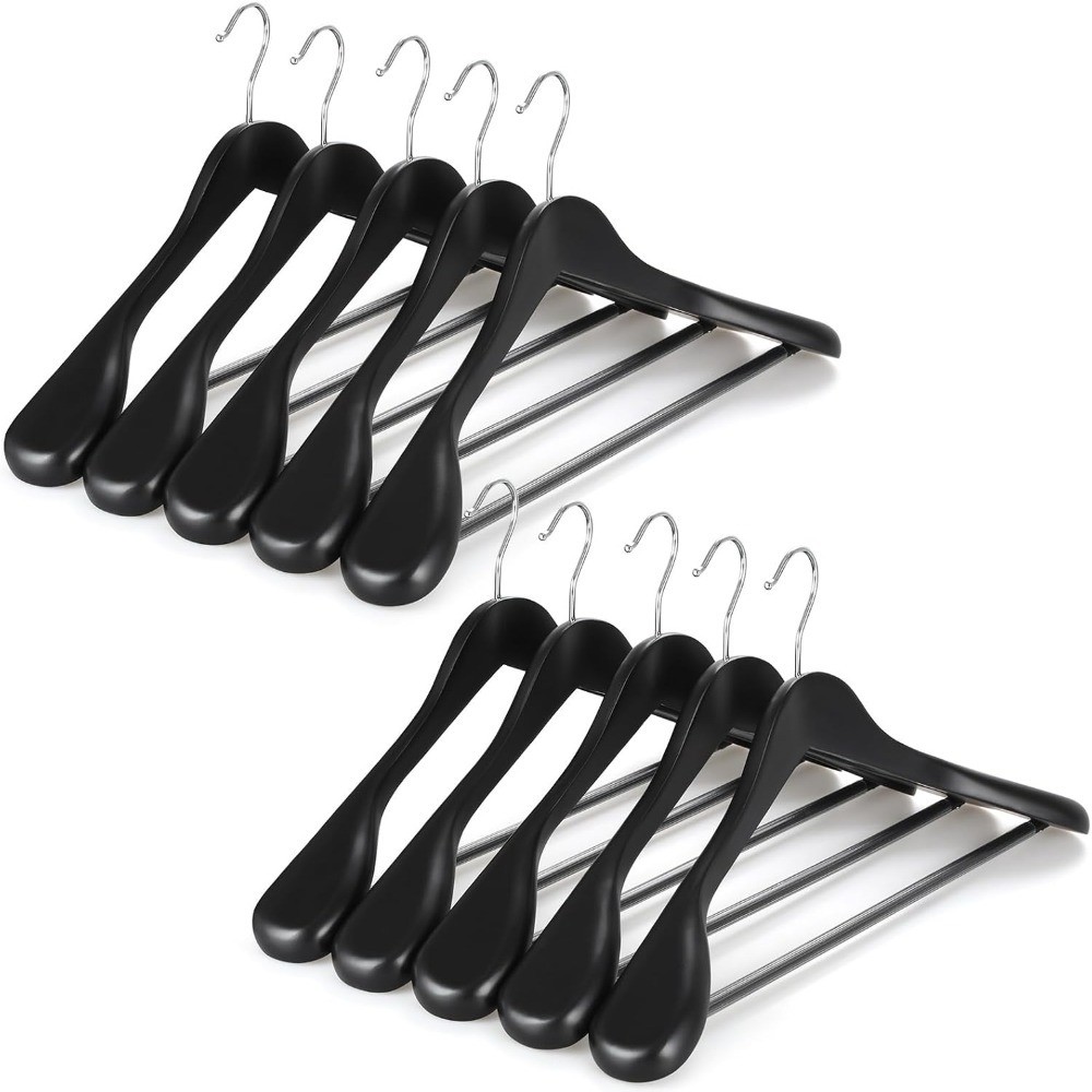 Wide Shoulder Wooden Suit Hangers with Non Slip Pants Bar 360 Degree Swivel Hook