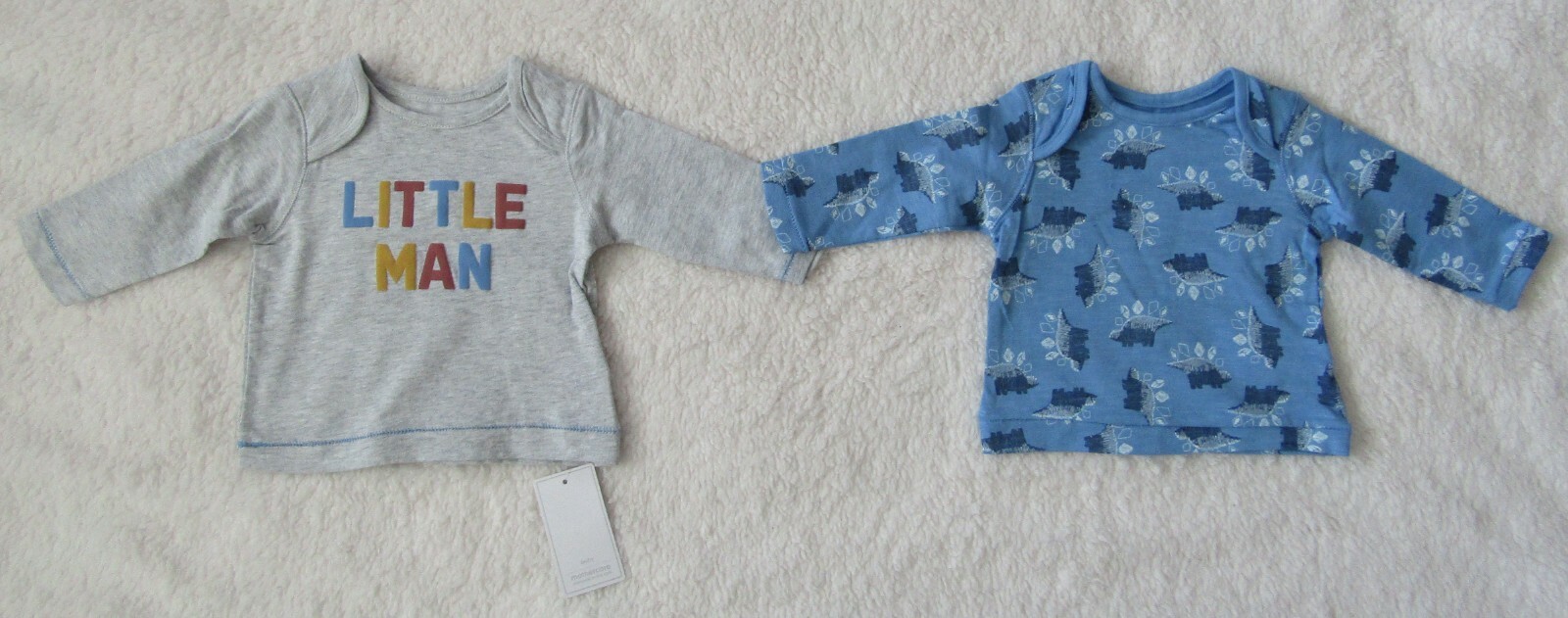 Mothercare Baby Boys 2 Pack Little Man/Dinosaur Tops Up To 1 Month Brand New WL