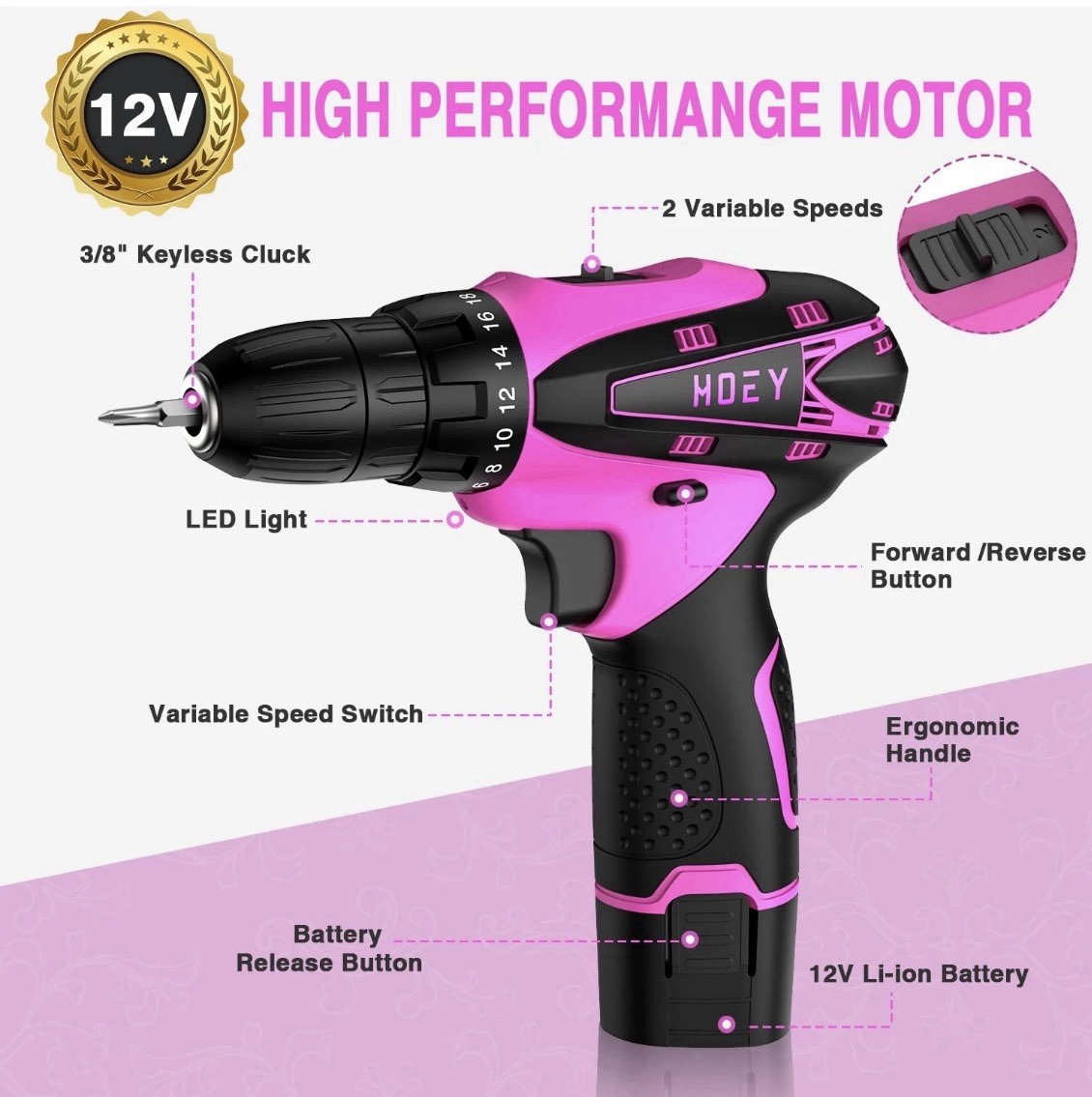 Drill electric,MOEY 12V Pink Cordless, Light, Variable Speed, Flexible Shaft