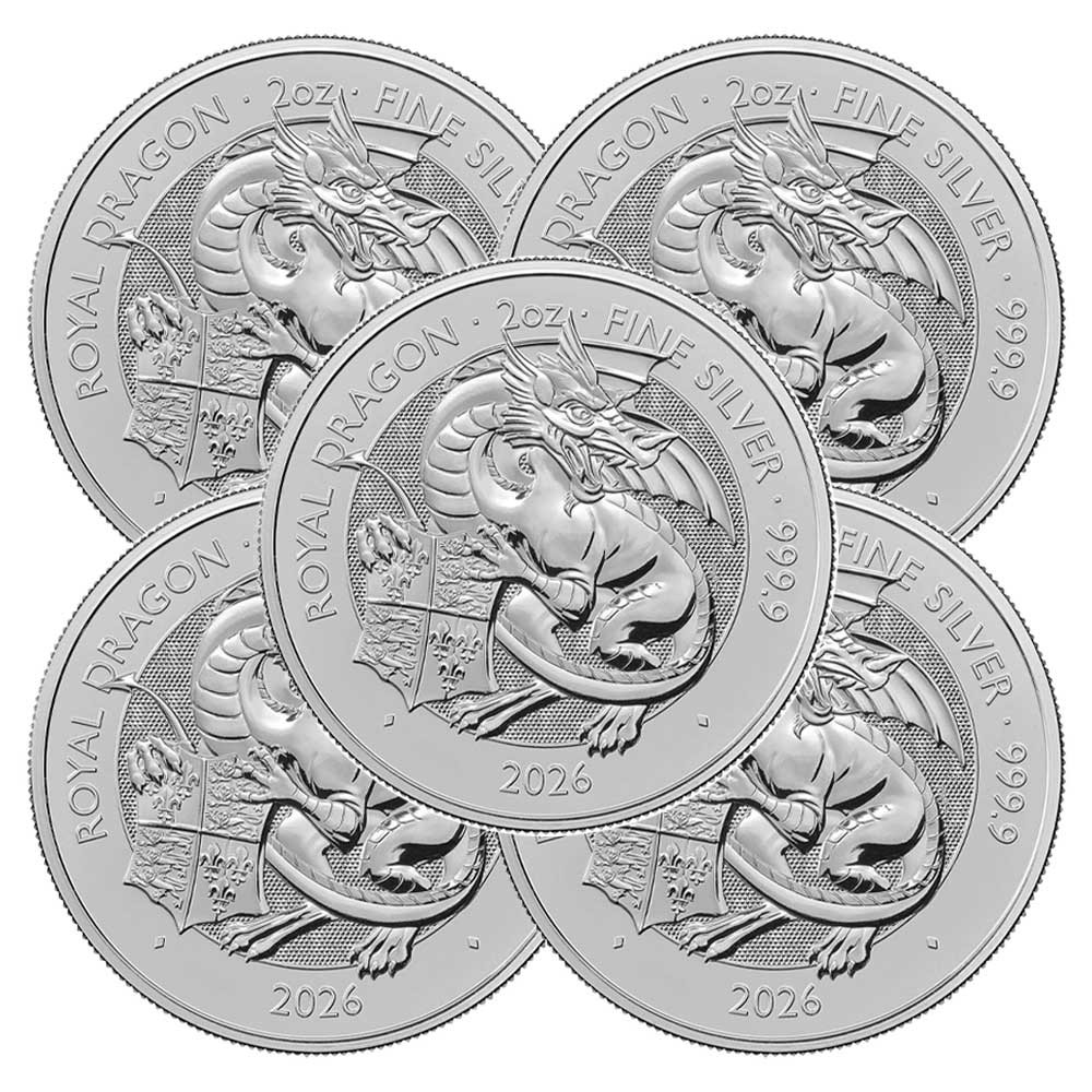 Lot of 5 - 2026 U.K. 5 Pound 2 oz Silver Tudor Beast Royal Dragon BU