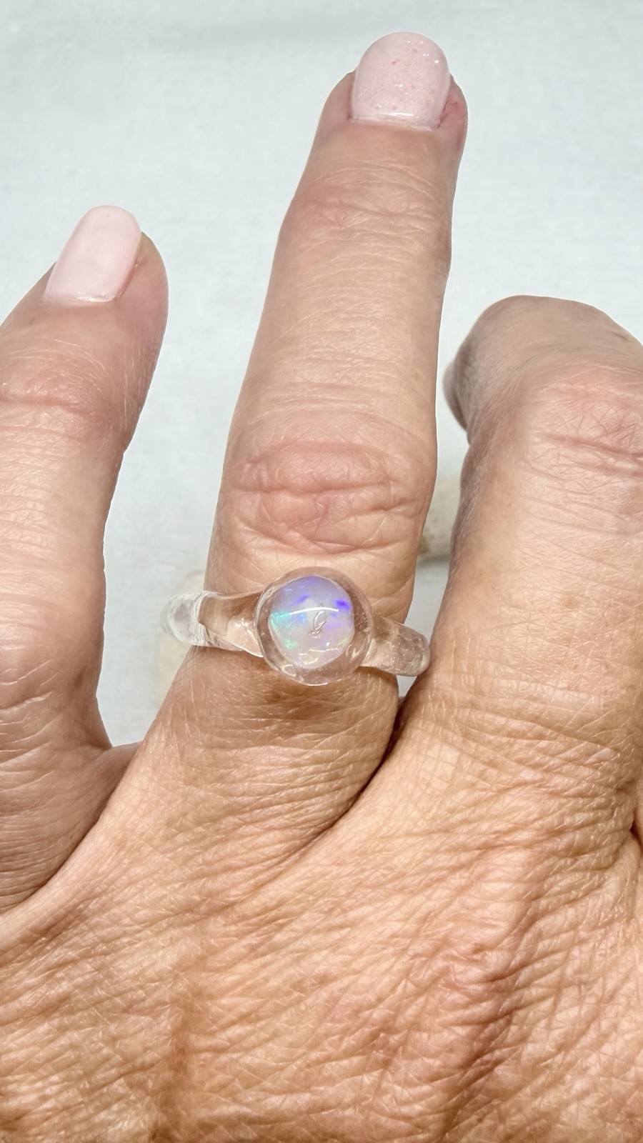 Opal Bead In Acrylic Handmade Ring Size 6