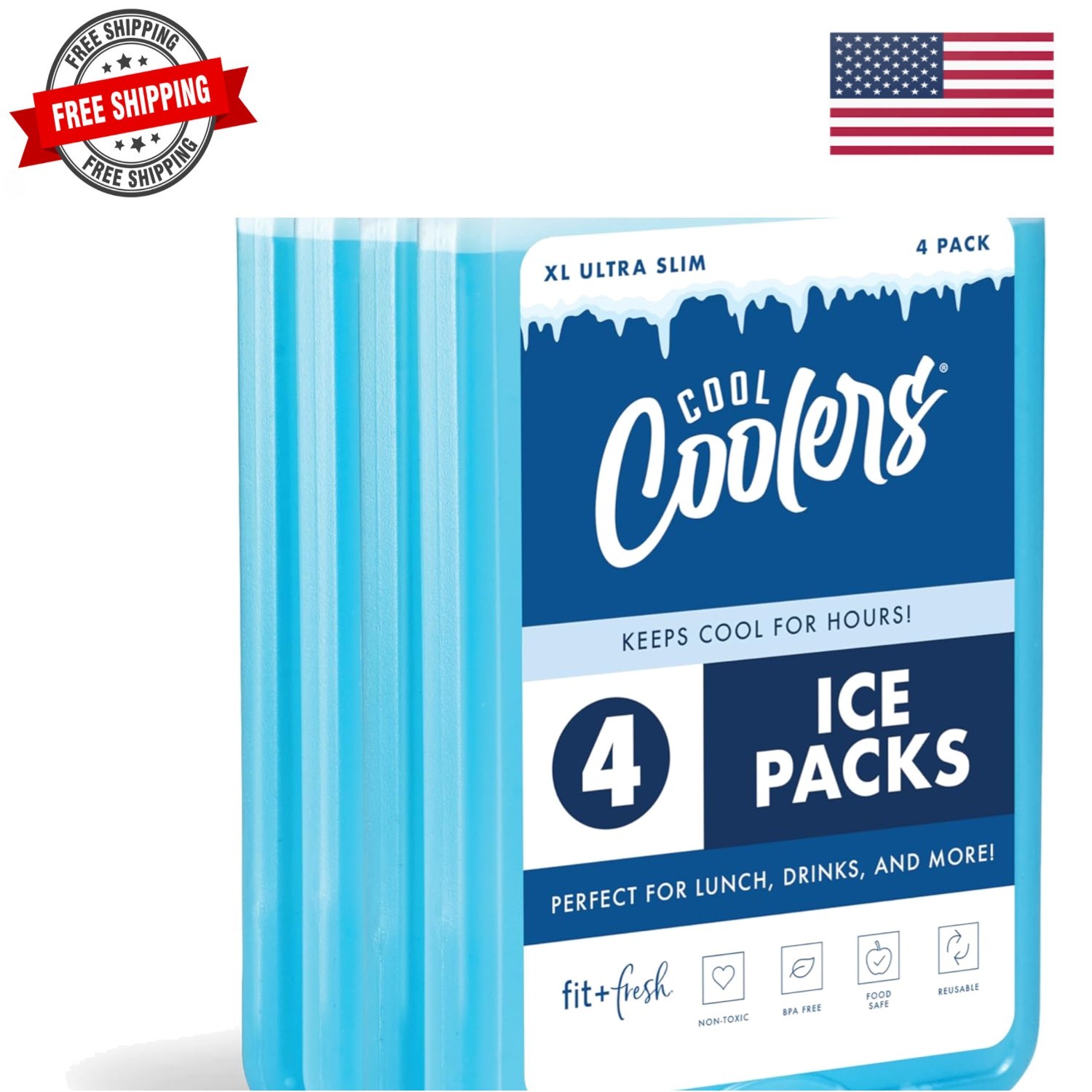 Cool Coolers by 4 Pack XL Slim Ice Packs, Quick Freeze Space Saving Reusable ...