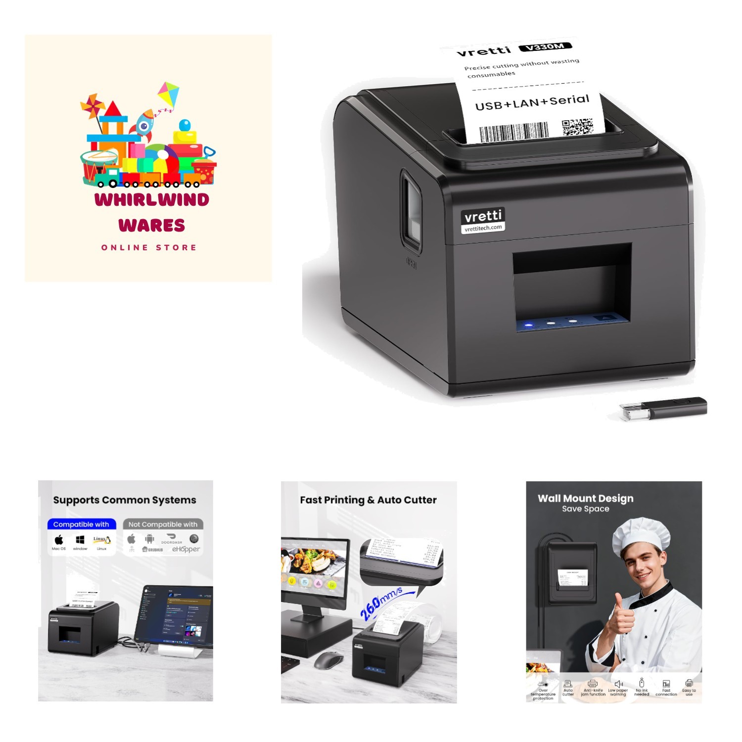 Thermal Receipt Printer, 3'1/8 80mm Direct Thermal Printer with USB Serial LA...