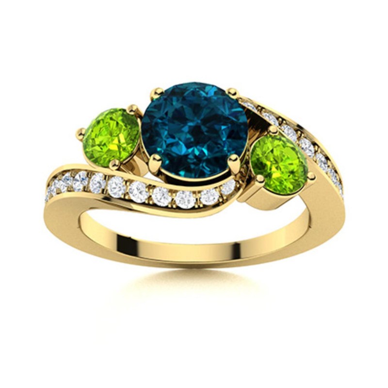 London Blue Topaz & Peridot 5MM Round 925 Silver Gold Plated Three Stone Ring