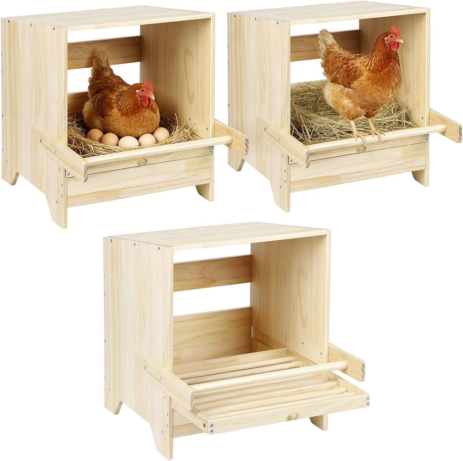 3 Pack Farmhouse Chicken Nesting Box Wooden Egg Laying Nest Box for Hens Ducks