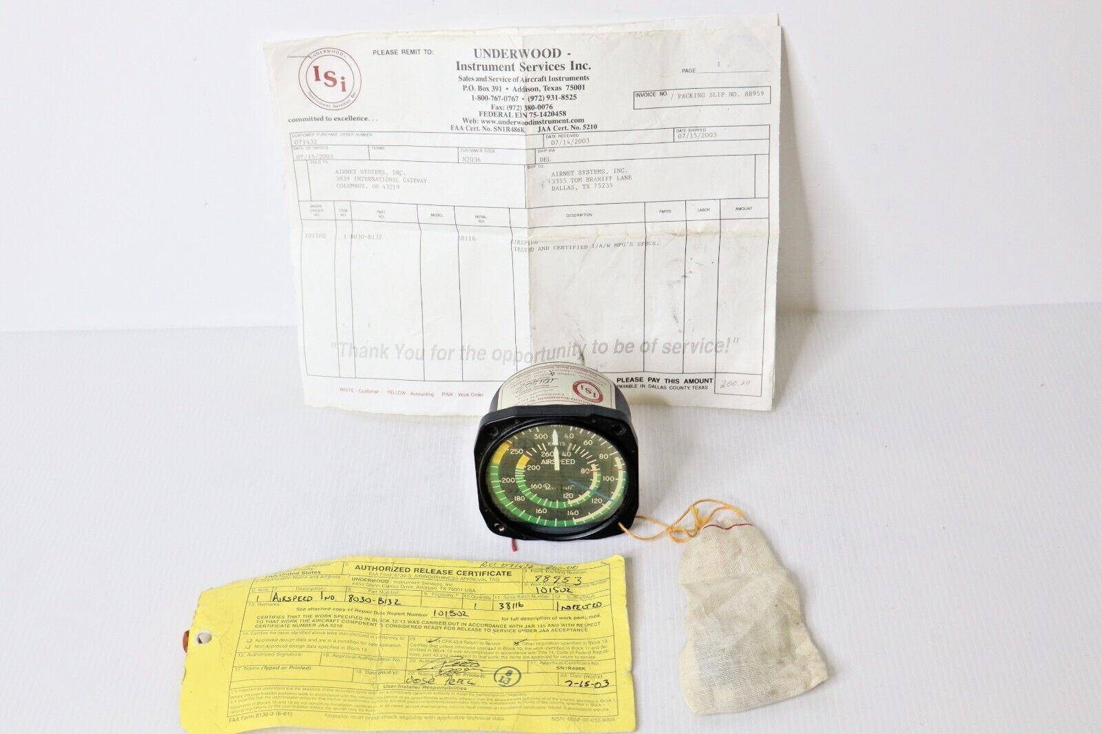 United Instruments 8030-B132 Beechcraft Airspeed Indicator with Inspected Tag