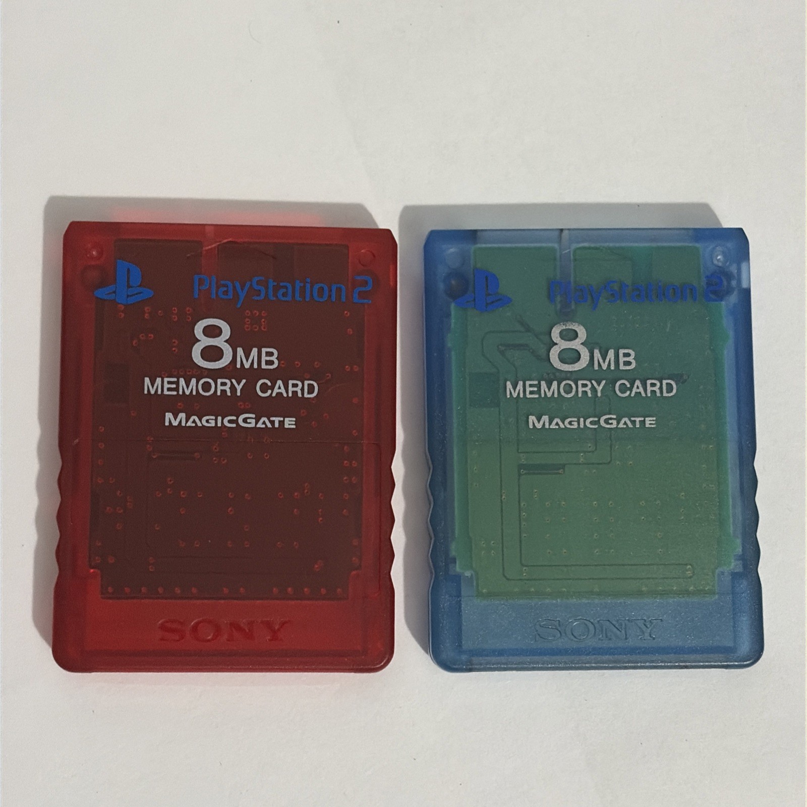 Sony PS2 (PlayStation 2) MagicGate 8MB Memory Cards OEM - Lot of 2, Red + Blue