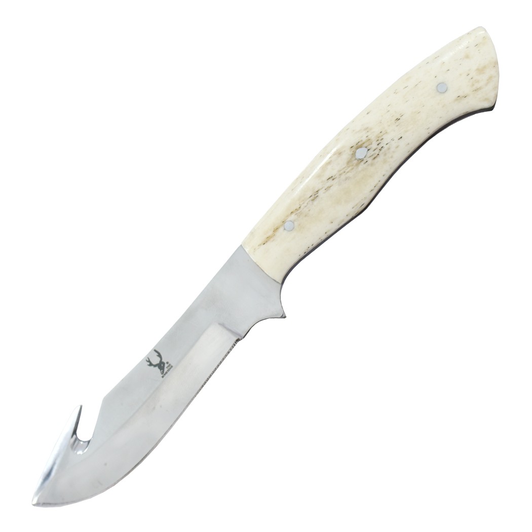 TheBoneEdge 8"" Bone Handle Stainless Steel Hook Blade Hunting Knife With Leathe