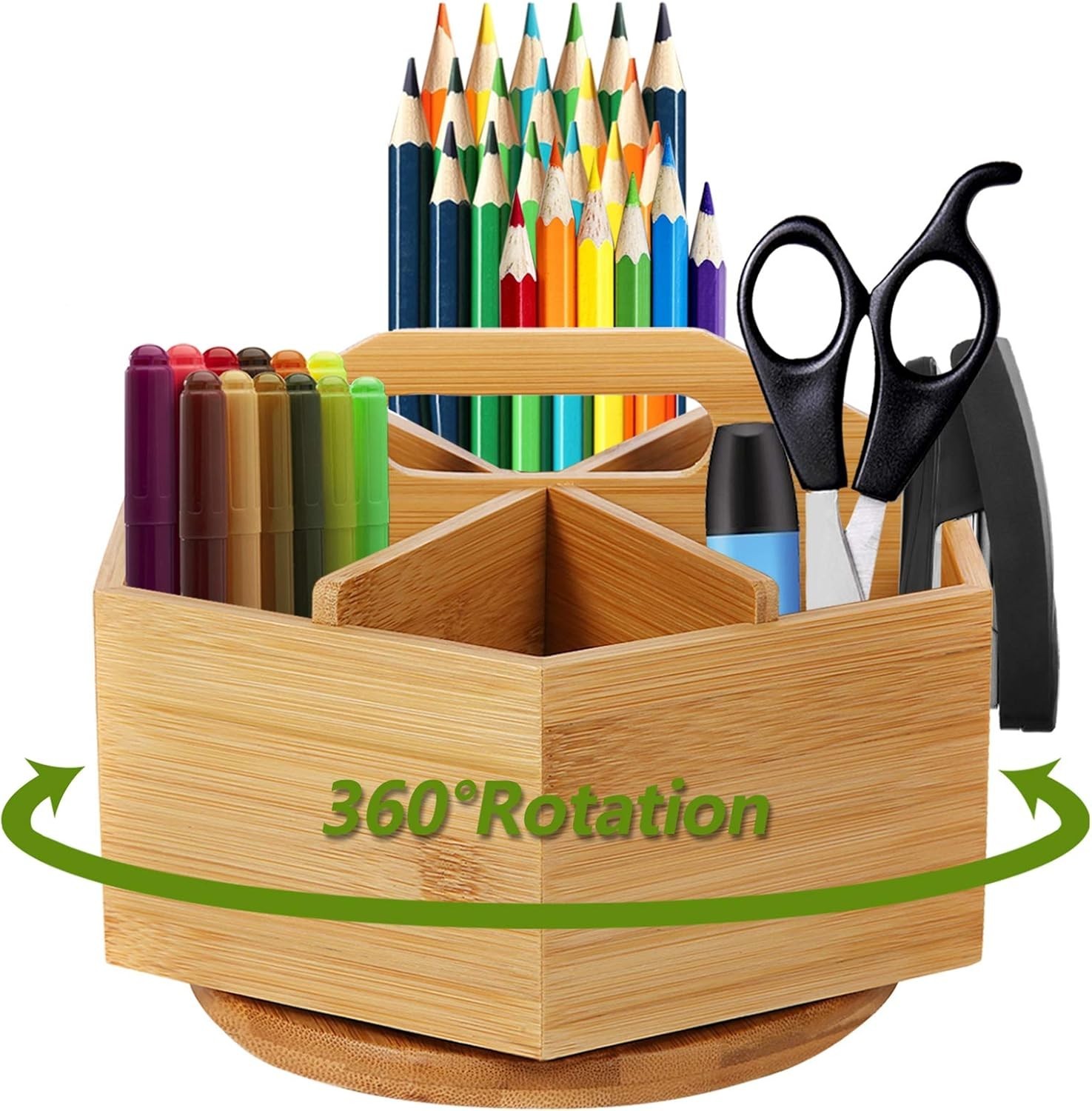 Bamboo Art Supply Organizer, Rotating Pencil Pen Holder, Office Supplies