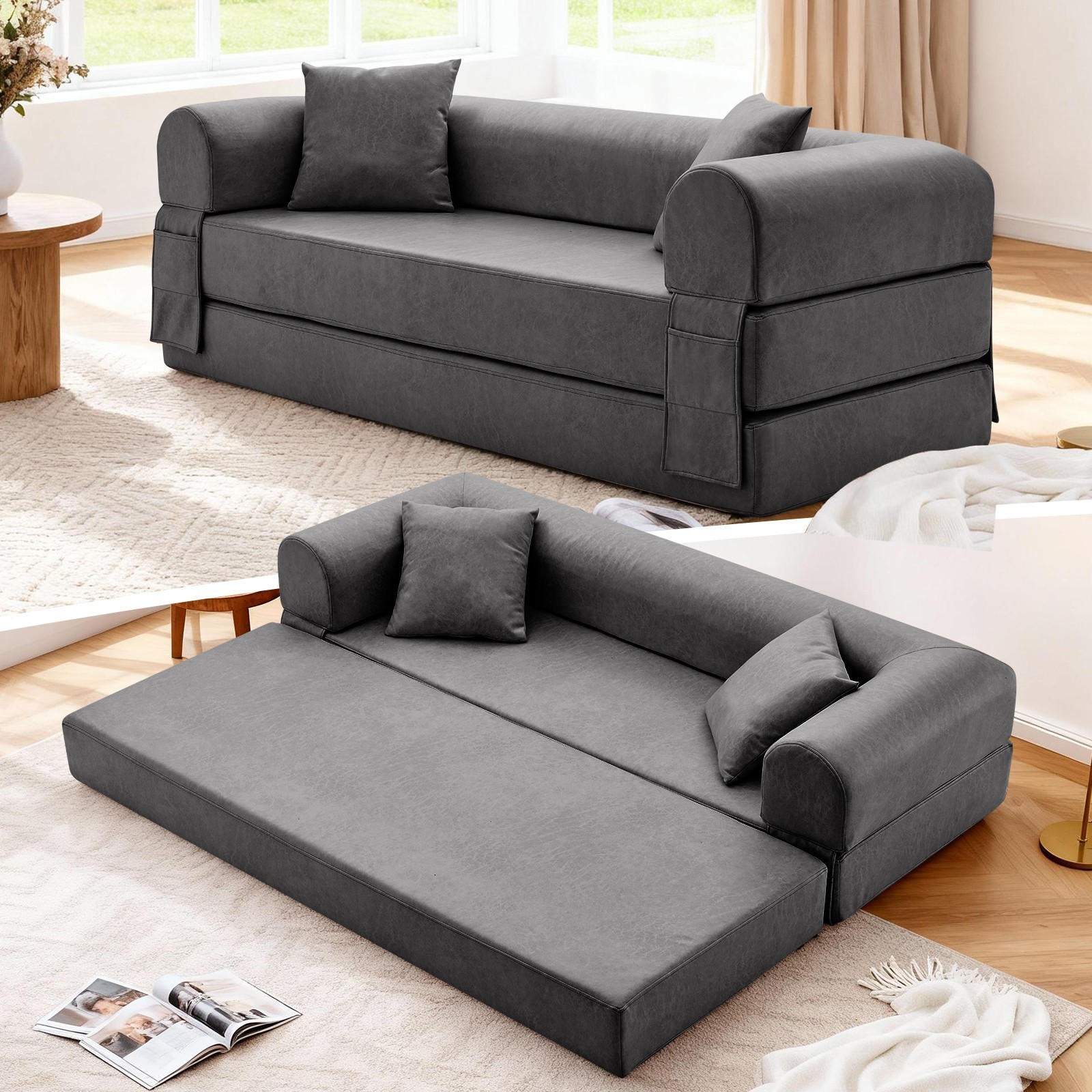 78.5" Convertible Sofa Bed,Modern Faux Leather Sofa Pull Out Folding Floor Couch
