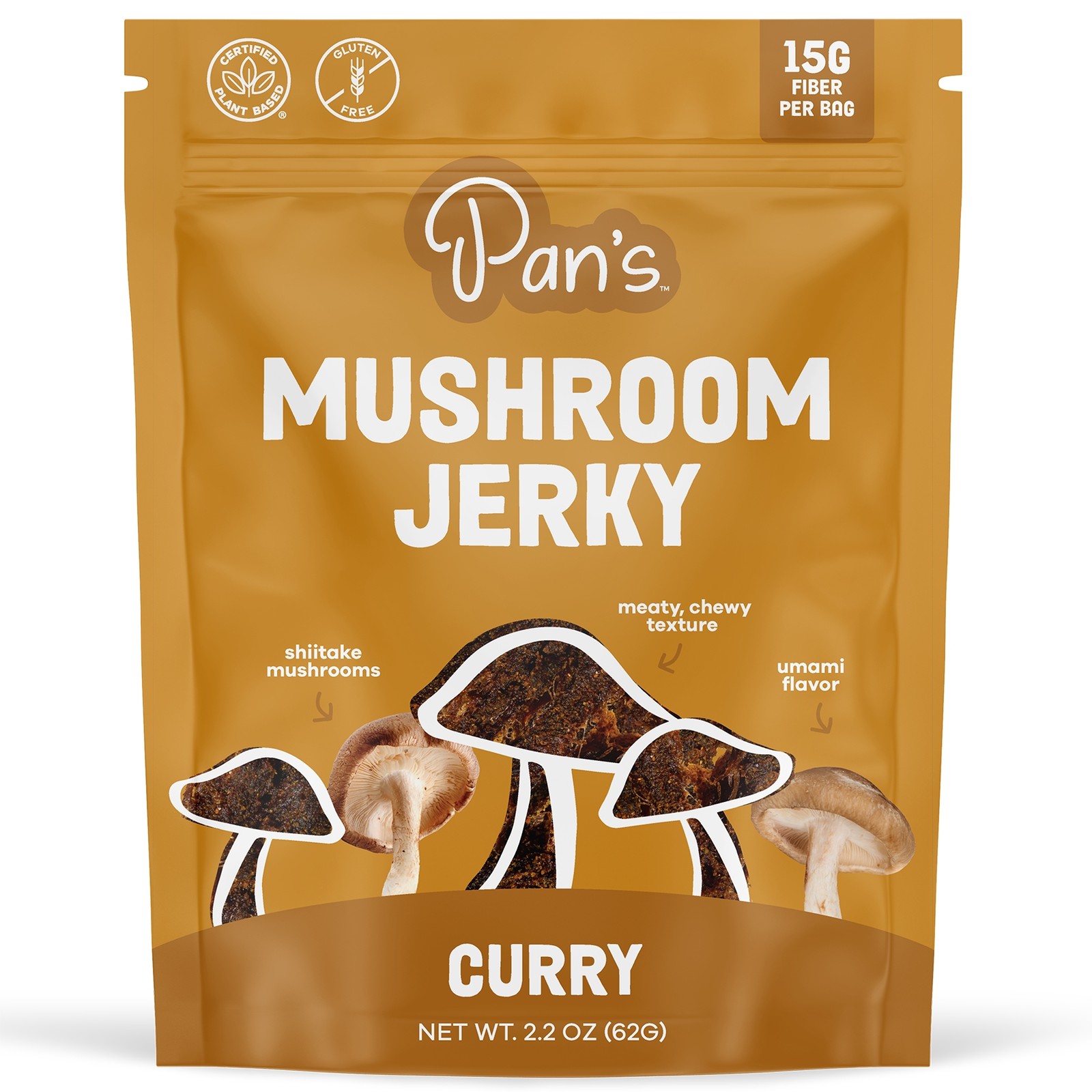 Pans Shiitake Mushroom Jerky CURRY Flavor Vegan Umami - One 2.2 oz. Fresh Bag
