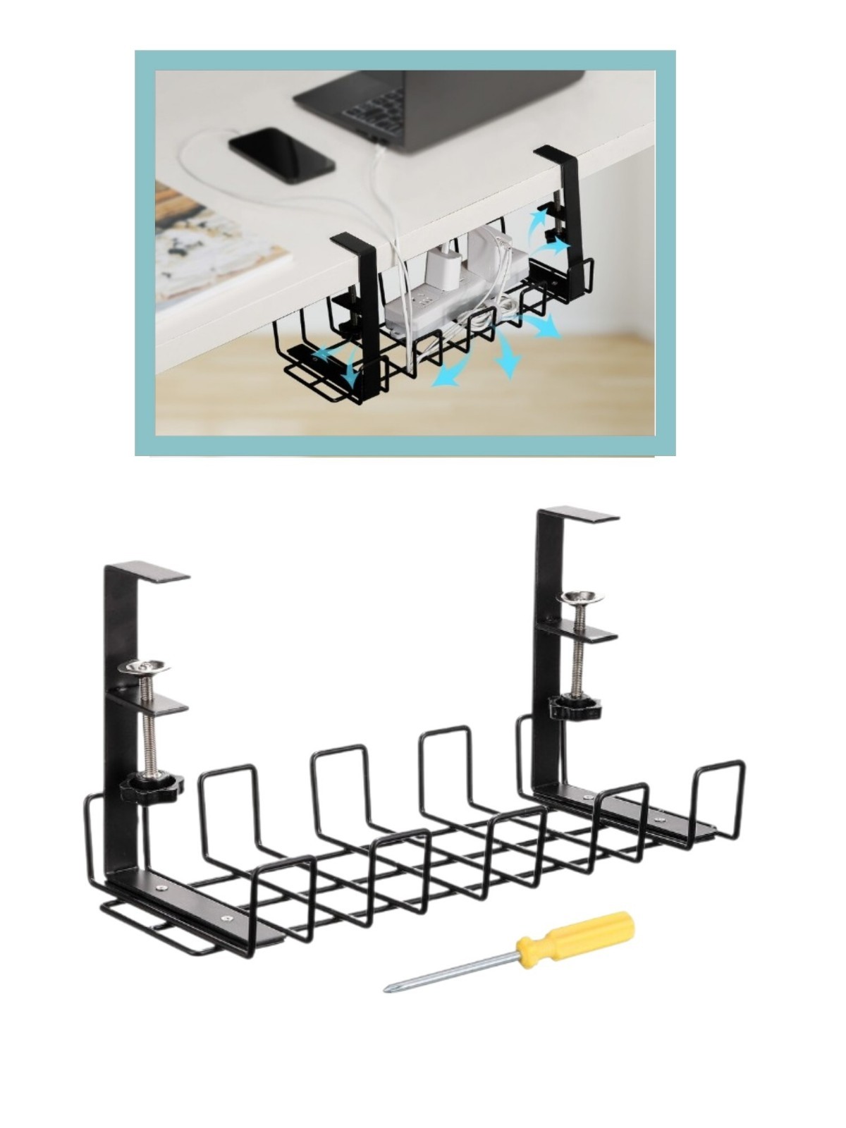 No Drill Under Desk Cable Management Tray, 15.8" Cord Organizer for Table Clamp