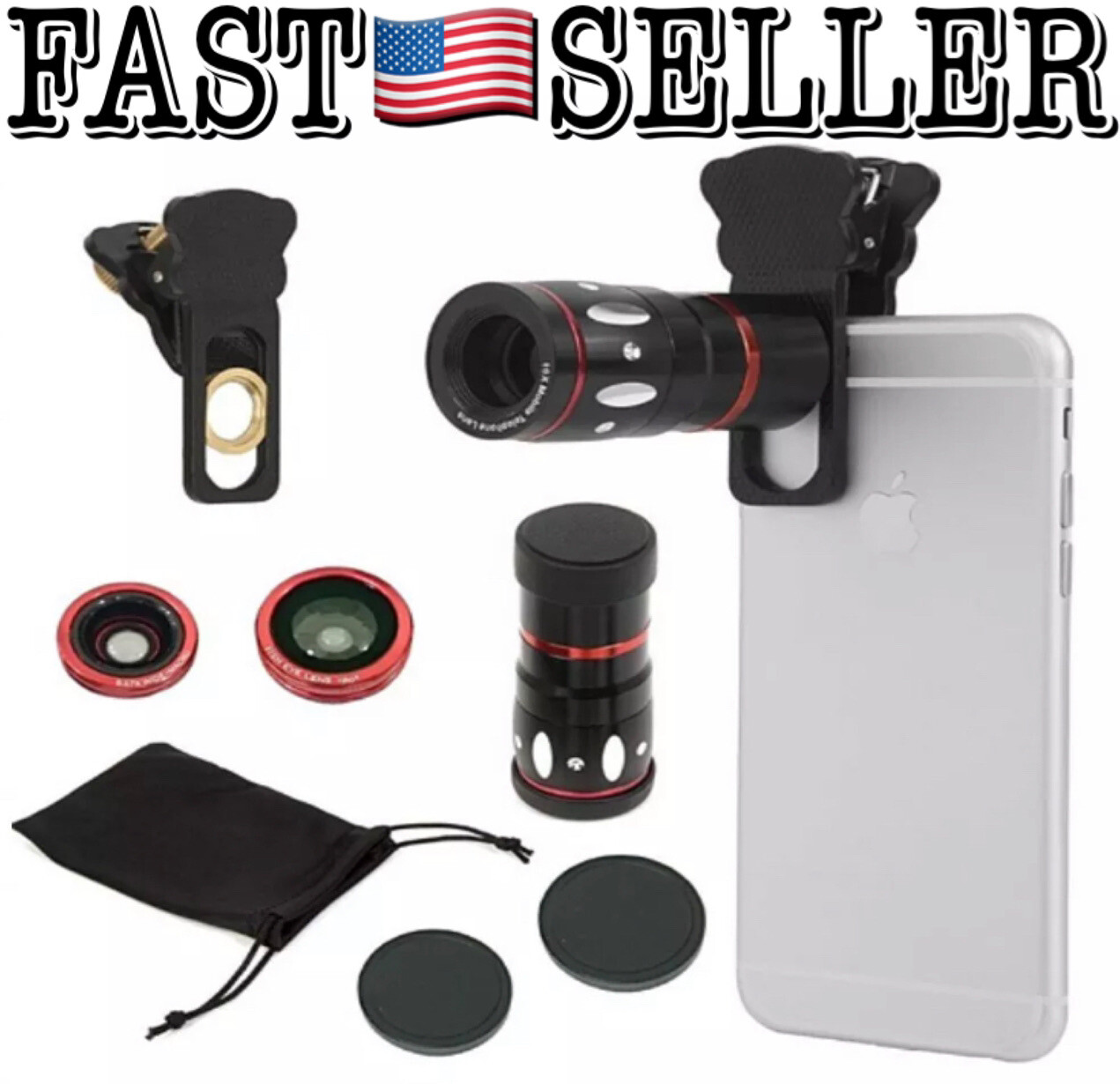 4 In 1 Universal Cellphone Clamp Clip Camera Lens, Black/Gold - NEW! FAST!