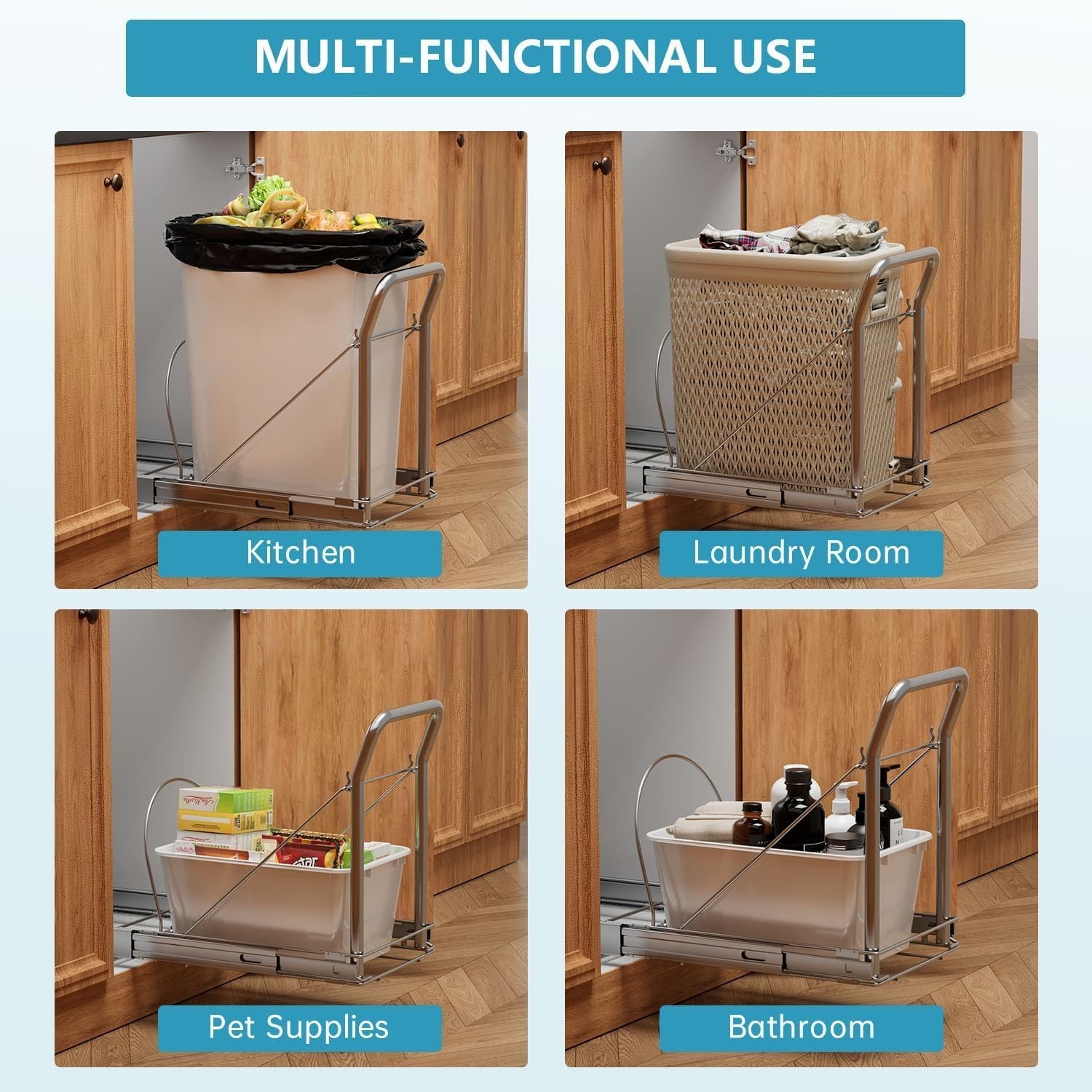 Pull Out Trash Can Under Cabinet with Soft-Close Slides，Heavy Duty Slide