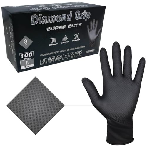 Heavy Duty Industrial Black Nitrile Gloves with Raised Diamond Texture, 8-mil