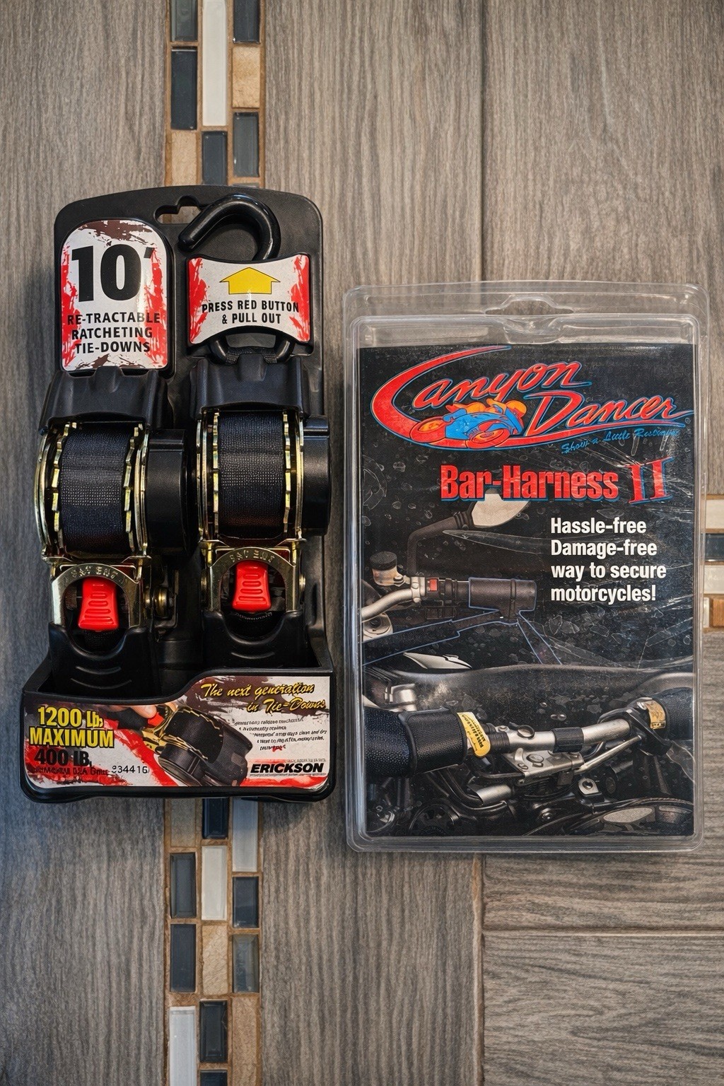 Complete Motorcycle TieDown Kit Bar-Harness 36”+ 10ft Retractable Ratchet Straps