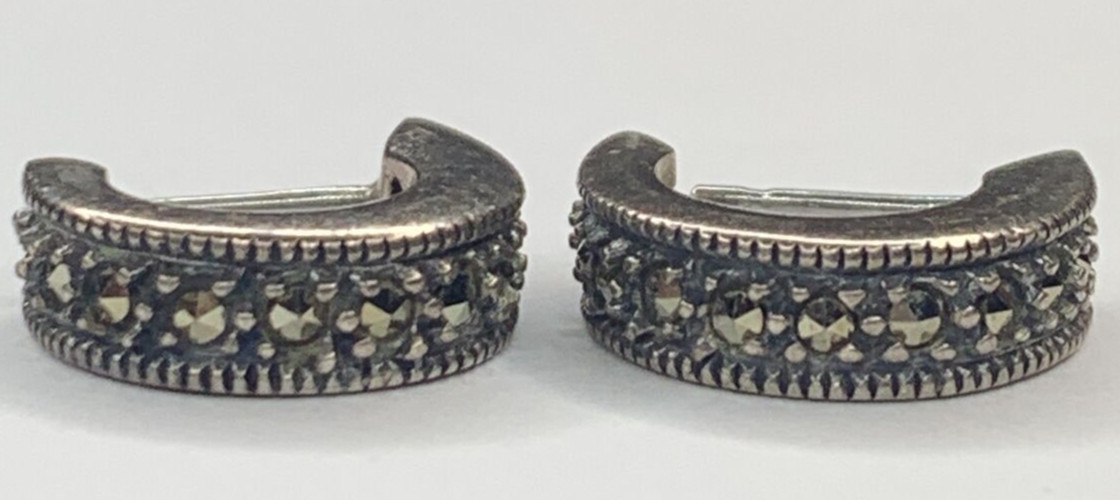 Vintage JJ Judith Jack Sterling 925 Marcasite Hoop Huggie Post 12mm Earrings 3G