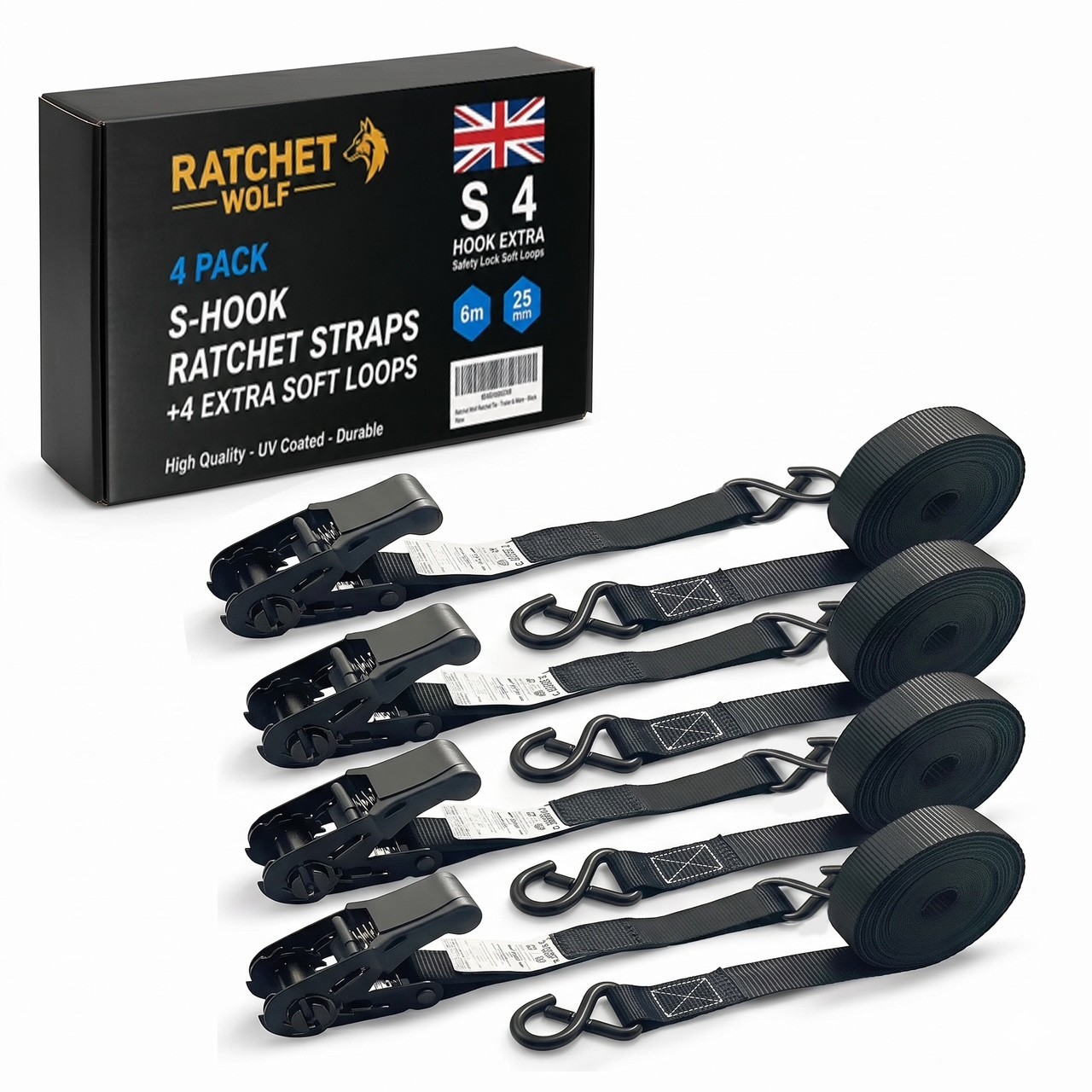 4x PROFESSIONAL Ratchet Straps Tie Down 6m x 25mm 3200KG Black + 4 Soft Loops