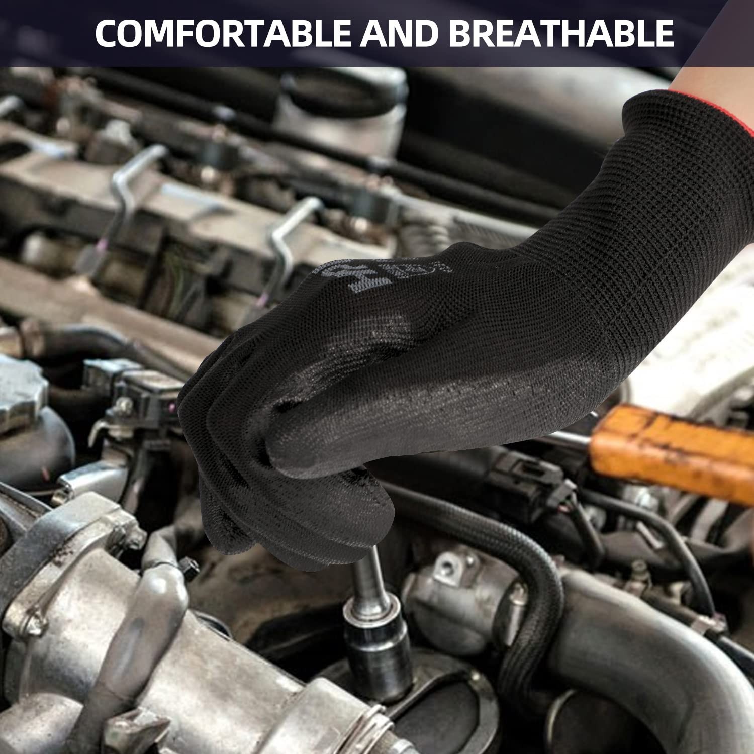 PU Coated Safety Work Gloves, 12 Pairs Work Gloves Mechanic Working Seamless ...