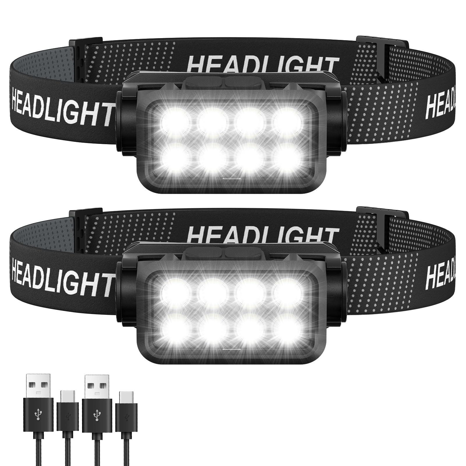 Rechargeable Headlamp Flashlight 2-Pack, 8 2500 Lumen Ultra-Light Bright Head...