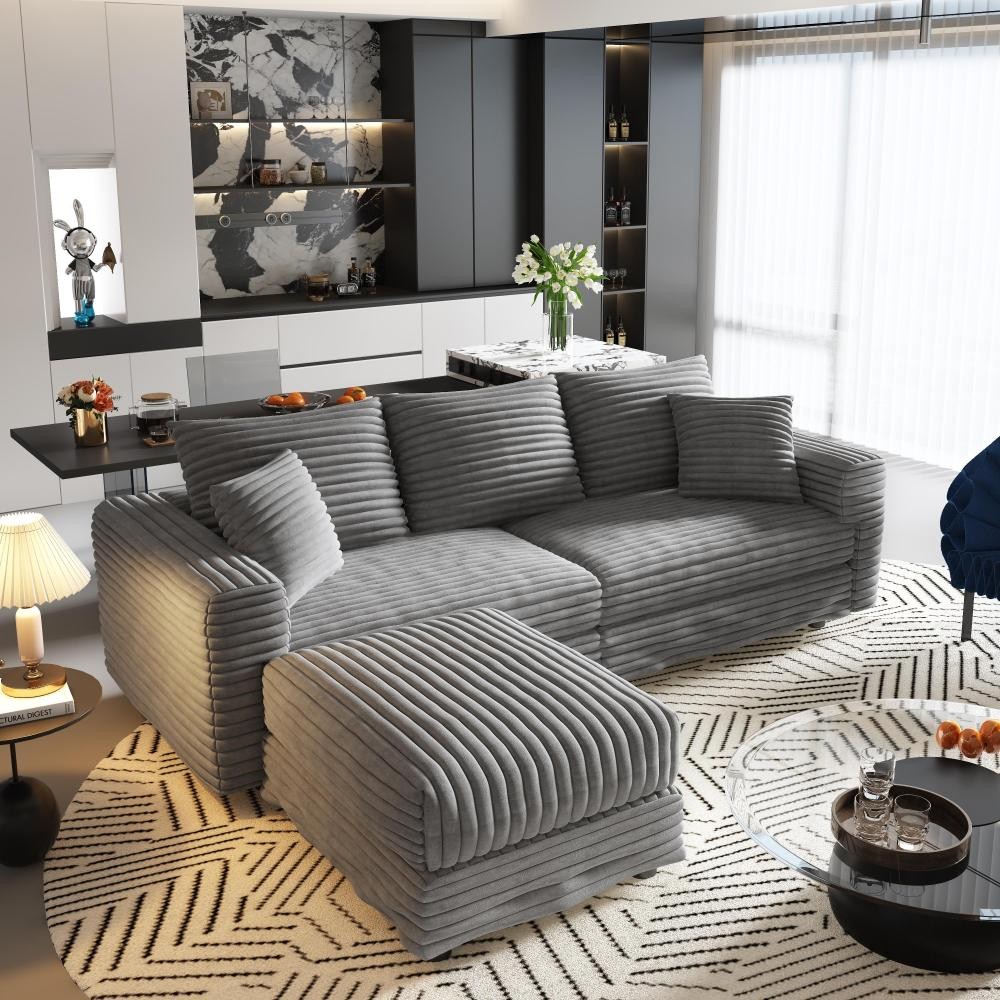 Modern Corduroy 3-Seat Cloud Sofa w/ Ottoman, Deep Seat Chair Grey