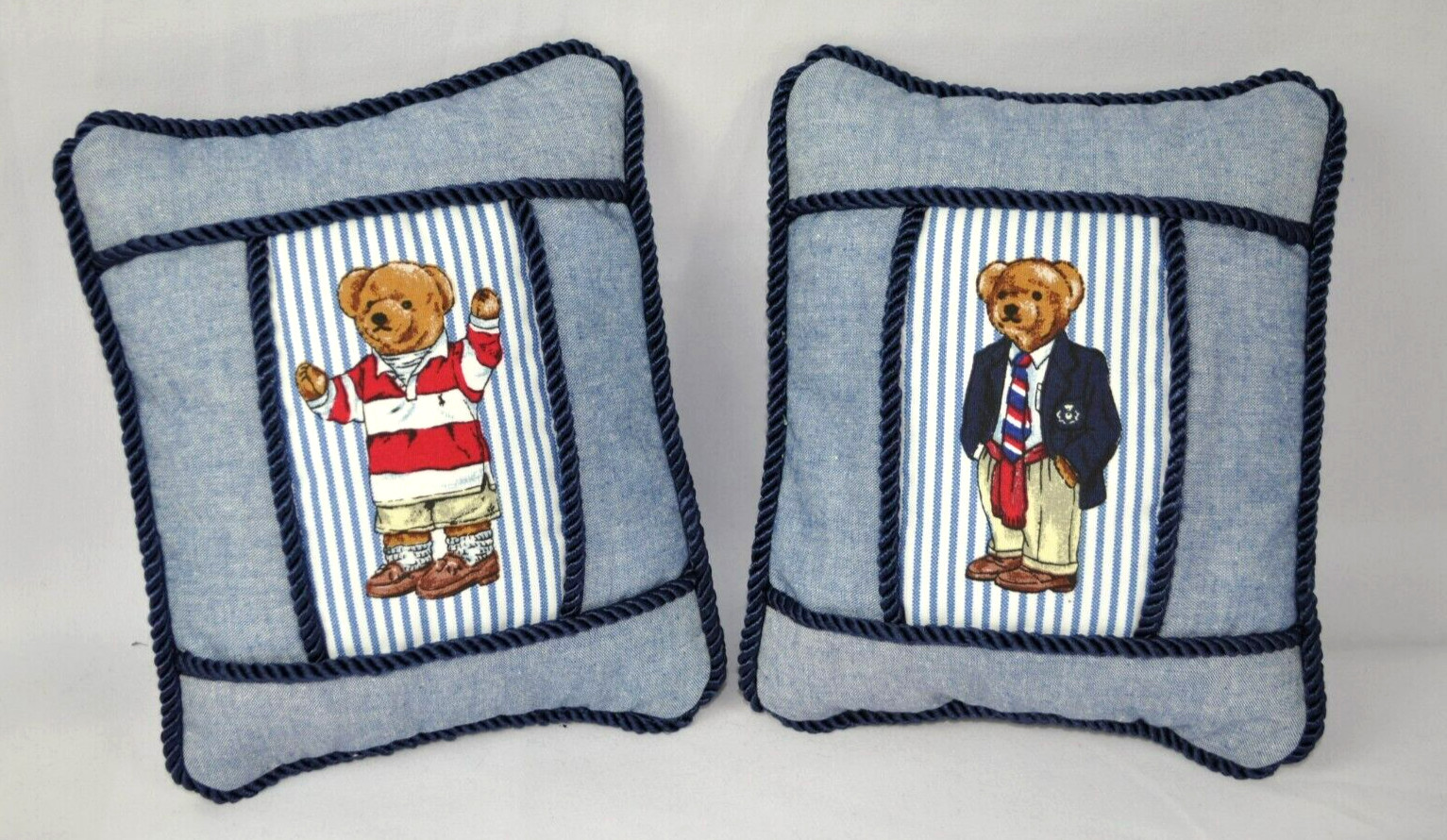 NEW Two Custom Ralph Lauren Polo Teddy Bear Blue Pin Stripe Fabric Pillows 6"x7"