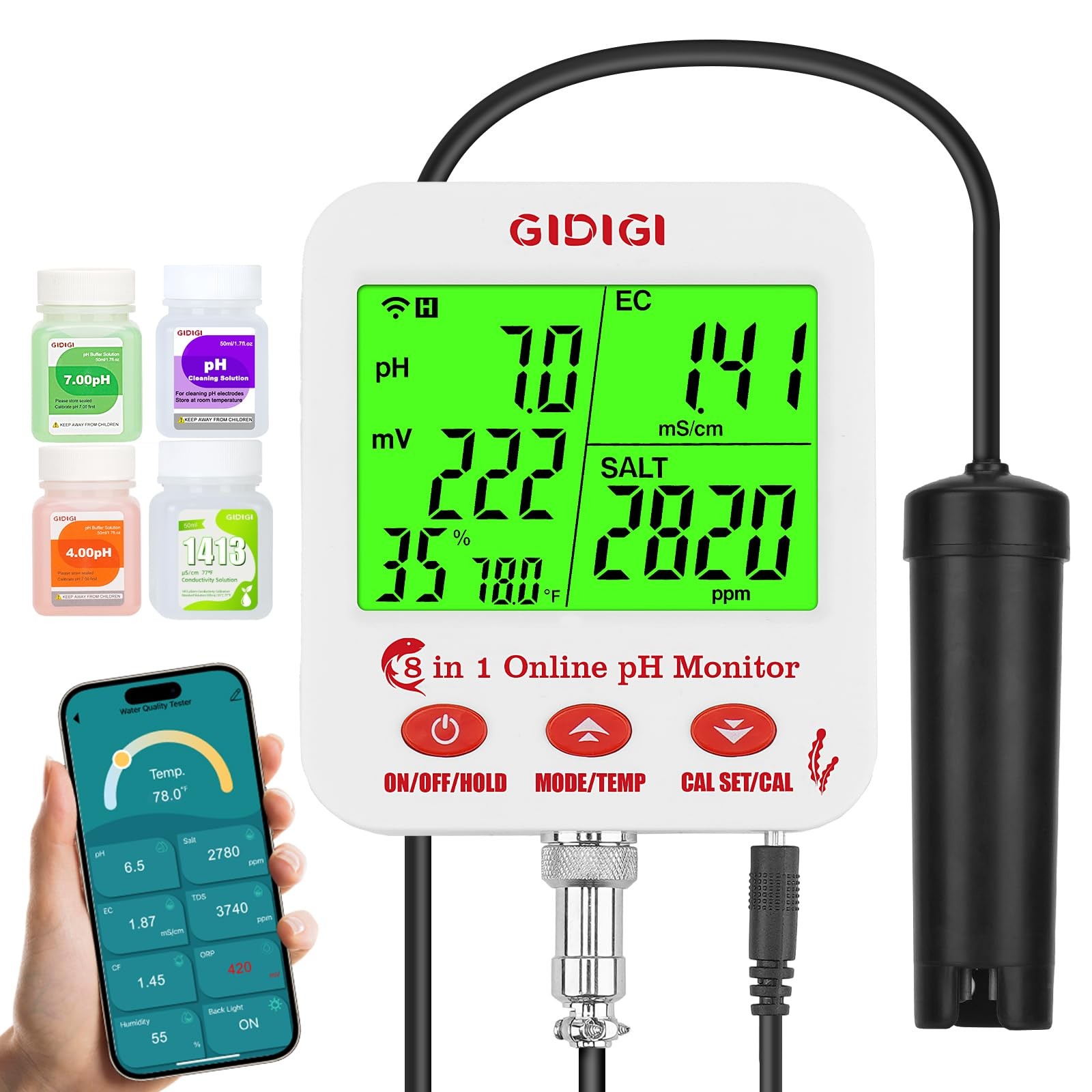 GIDIGI Digital pH EC Meter Smart Hydroponics with WiFi for Real...