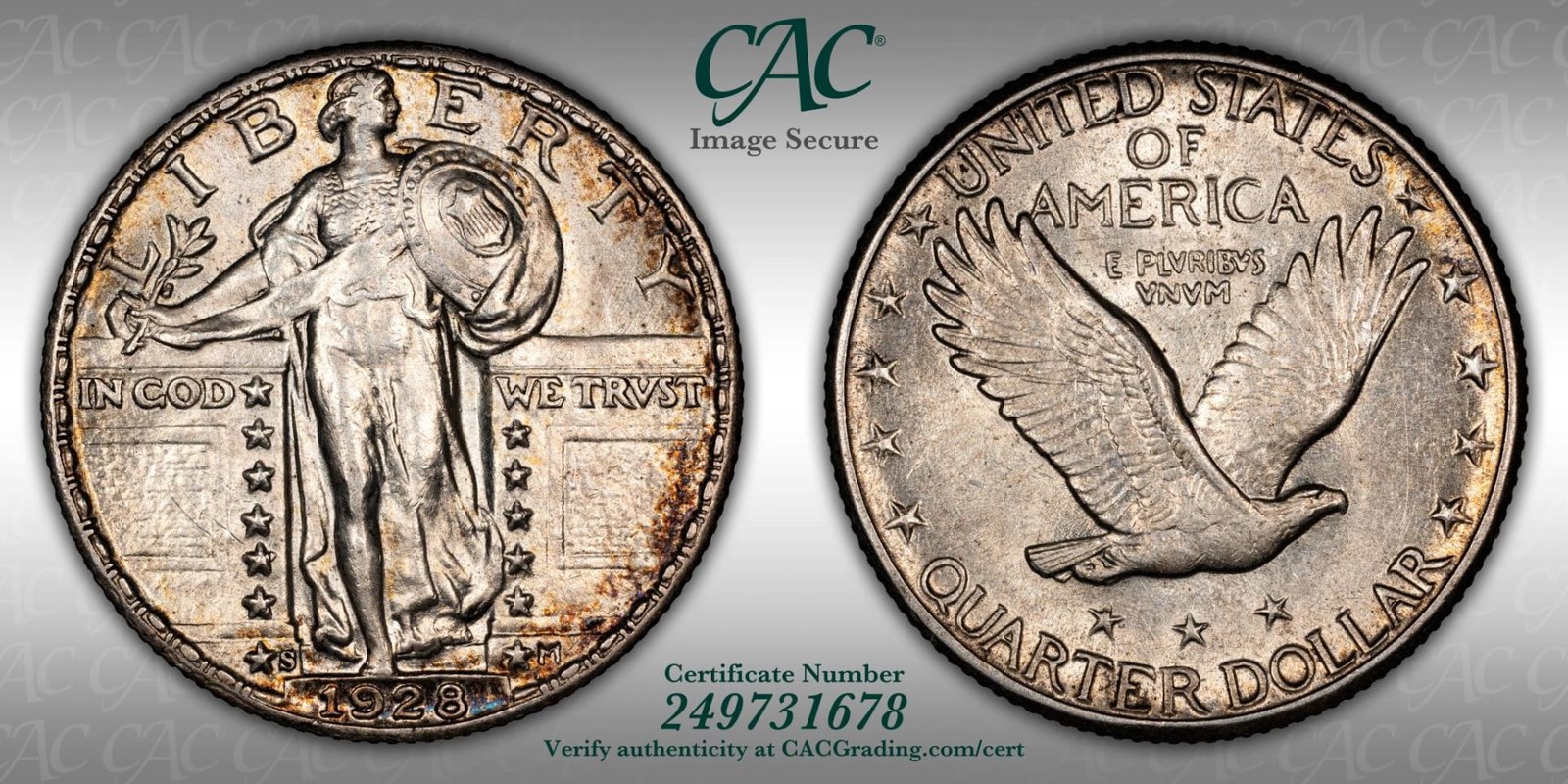 1928-S 25C Standing Liberty Quarter CACG AU58 DETAILS CLEANED
