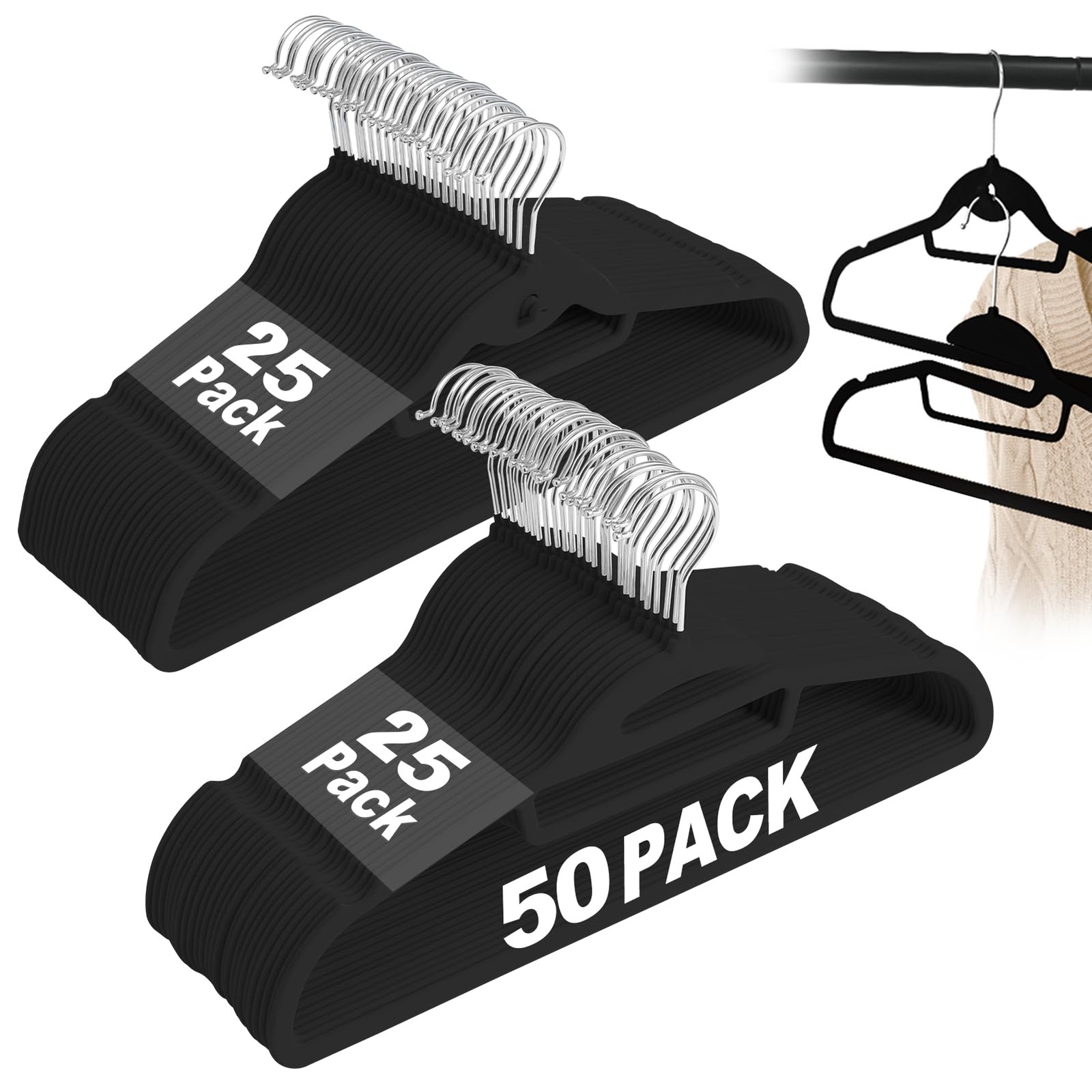 Black Velvet Hangers 50 Pack, S-Shaped and Stackable Non Slip Felt Hanger wit...