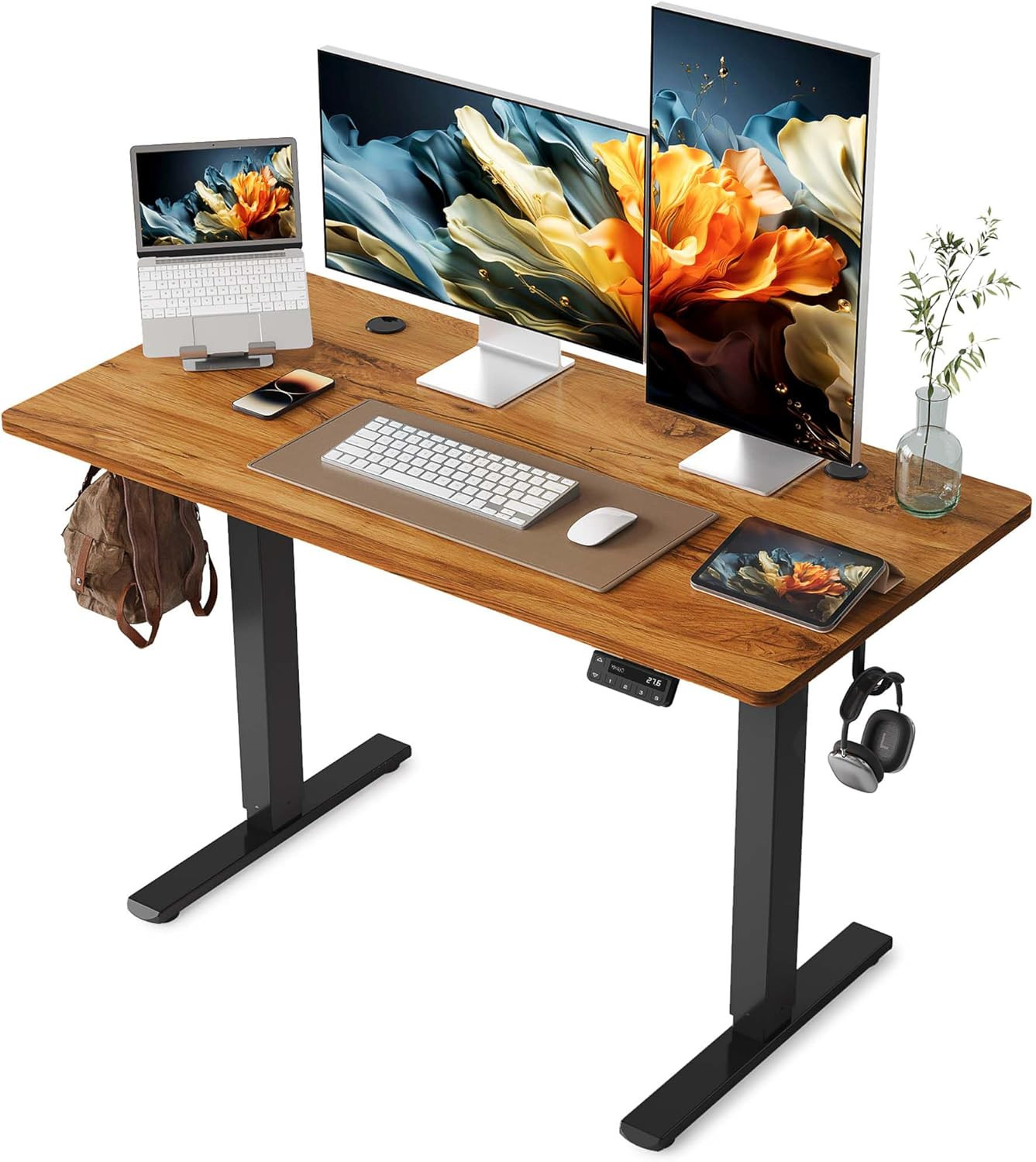 Electric Adjustable Standing Desk 48"x24" - Rustic Brown Top, Black Frame