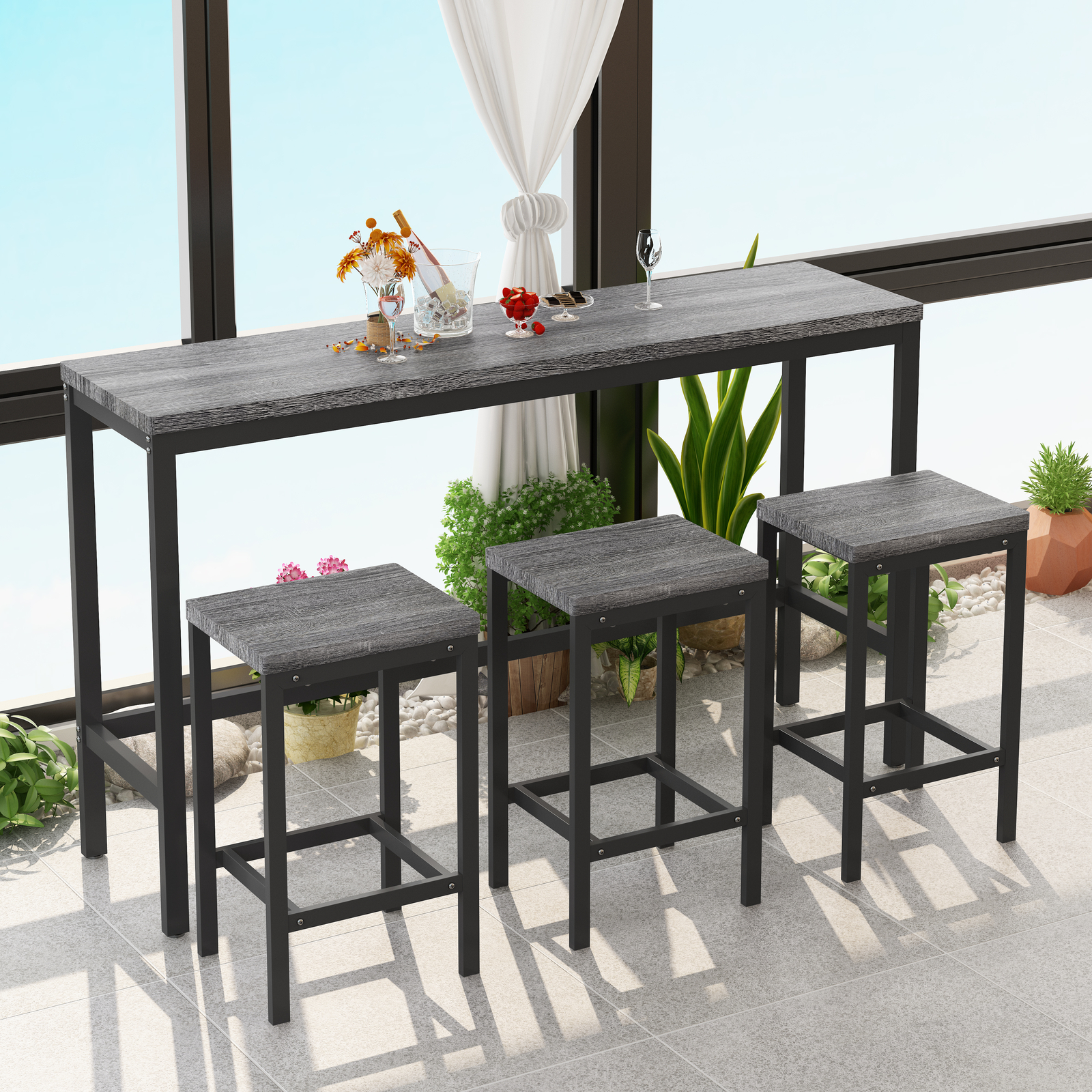 Modern Kitchen Dining Table, Pub Table Long Dining Table Set with 3 Stools