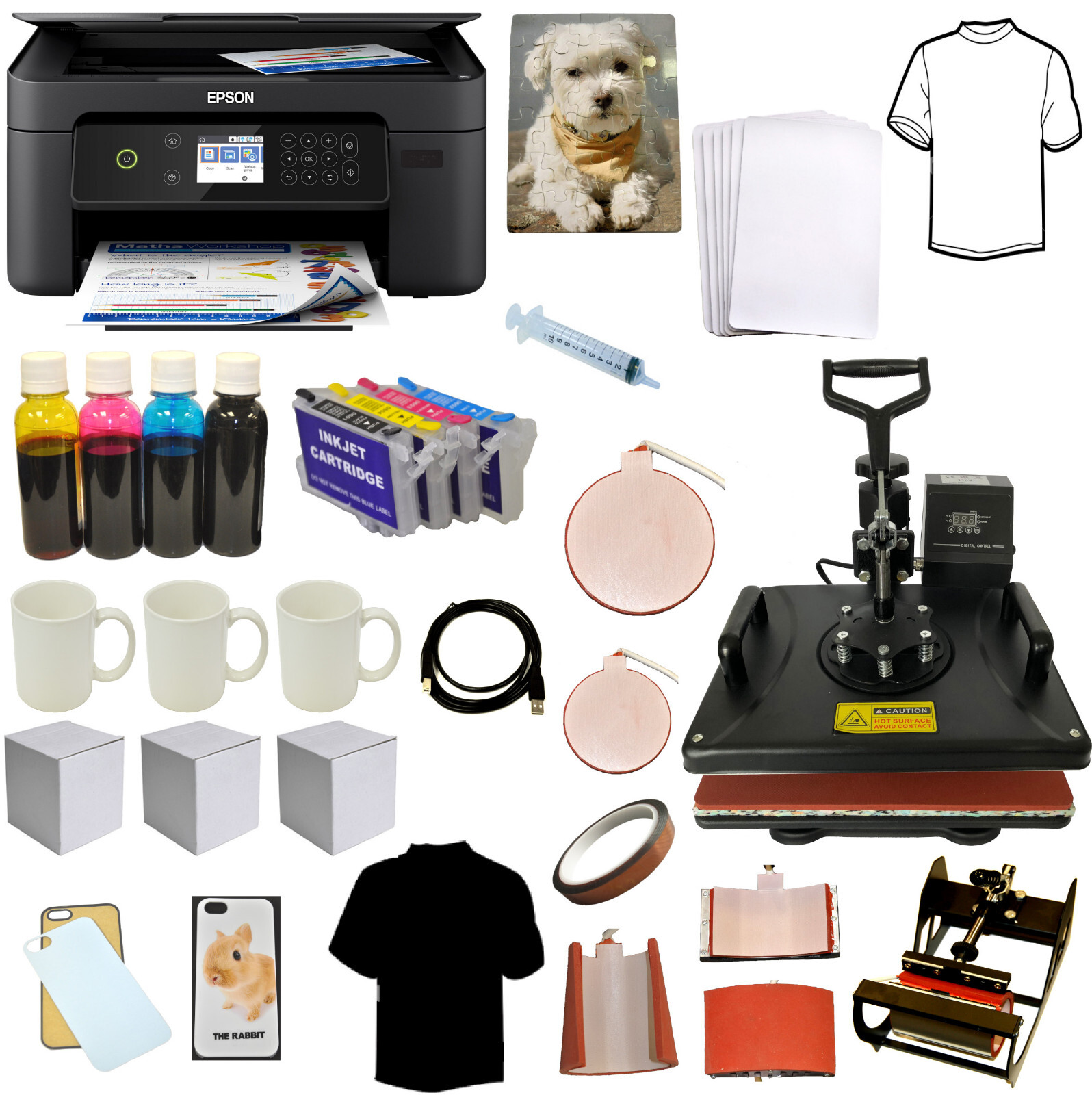 5in1 Pro Combo Sublimation Heat Transfer Press Wireless Epson Printer Bundle Kit