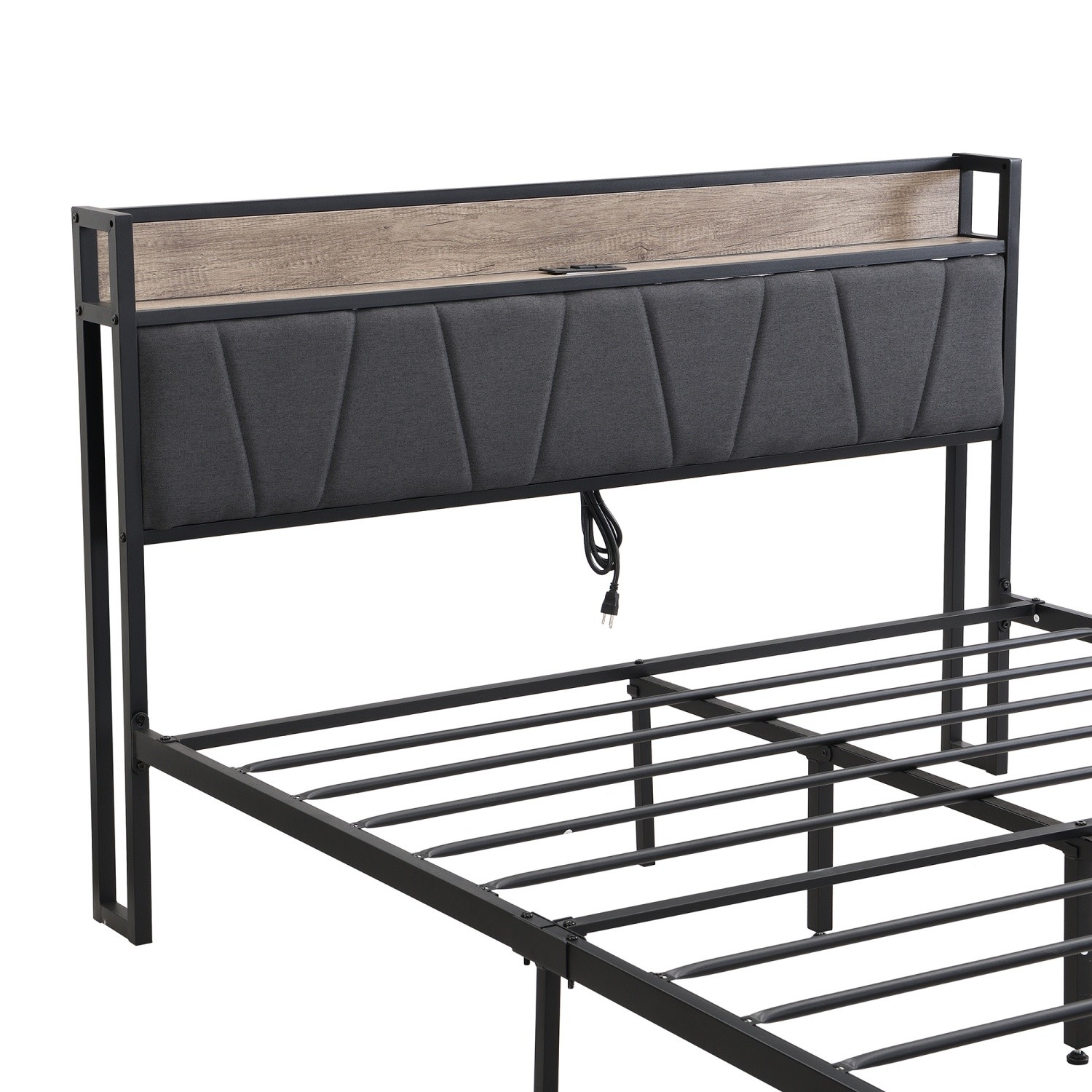 Full Size Bed Frame with Upholstered Headboard Metal Platform Bed w/ 2 Drawers