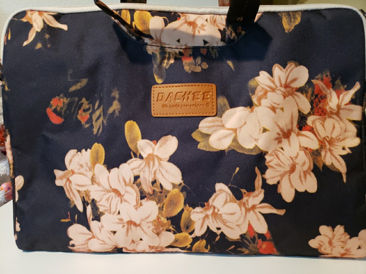 Black / Pink Floral Padded Laptop Holder Handles & Strap 16" Wide 12" Deep