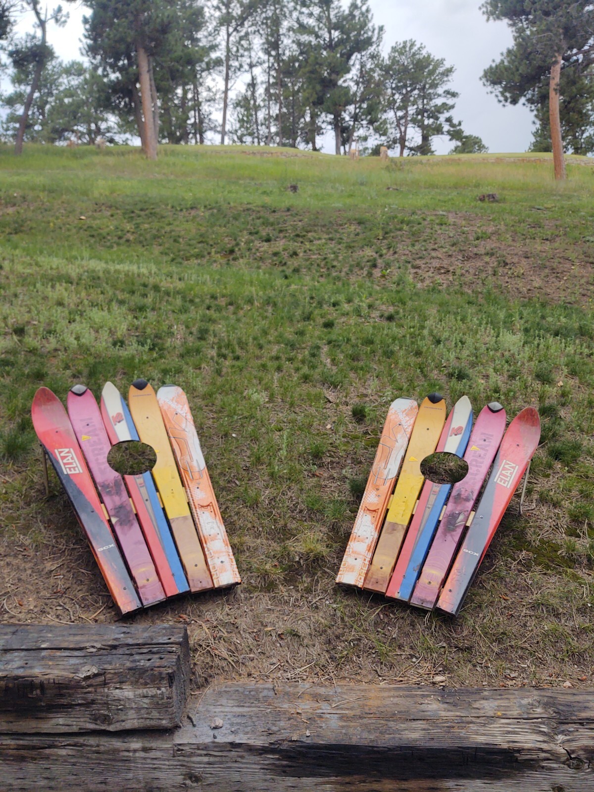 Cornhole made of skis known as SkornHole