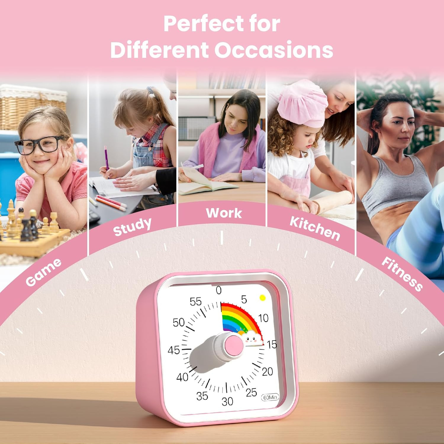 Visual Timer for Kids with Pause Function, Cute Silent Timer with Rainbow for Cl