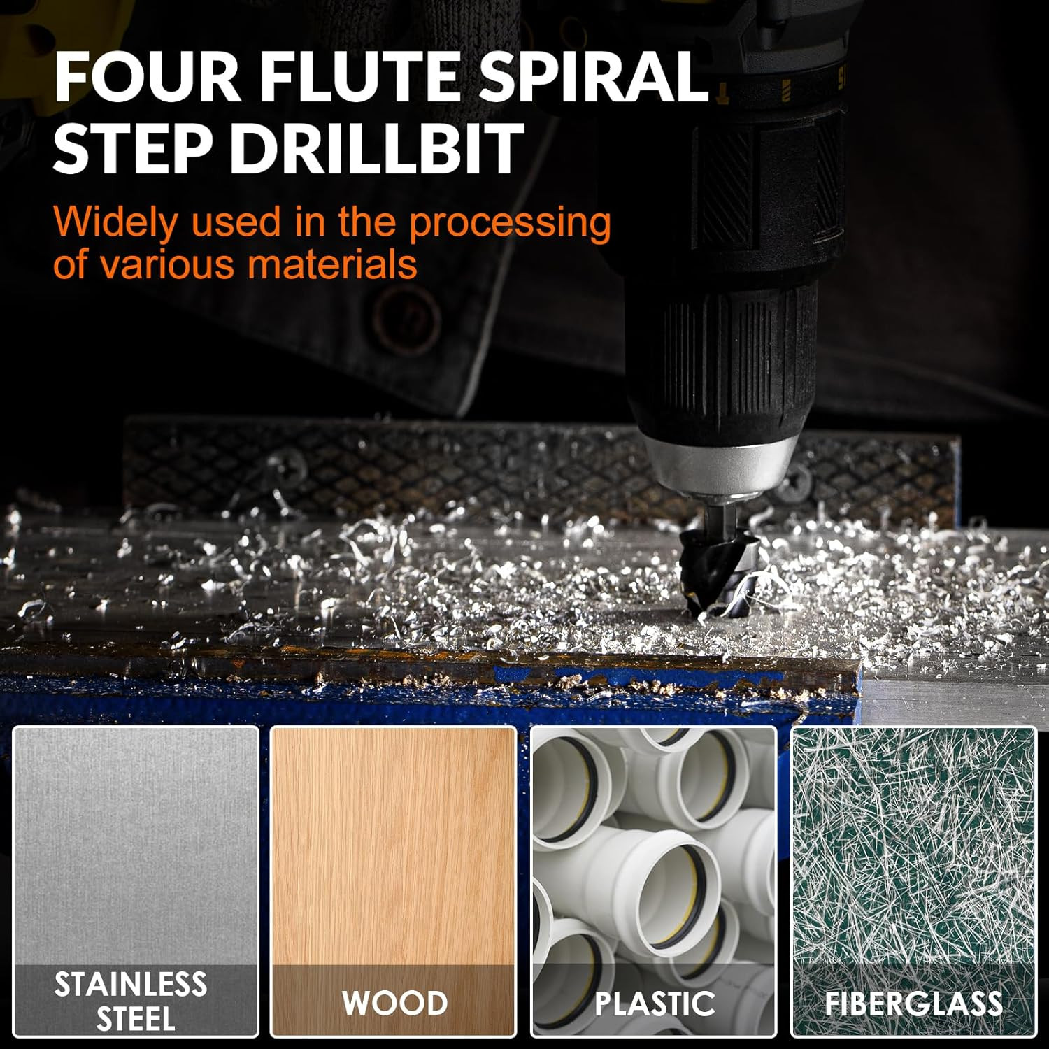 THINKWORK Four Spiral Flute Step Drill Bit Set, 3 Pcs HSS Step Drill Bits (1/8"-
