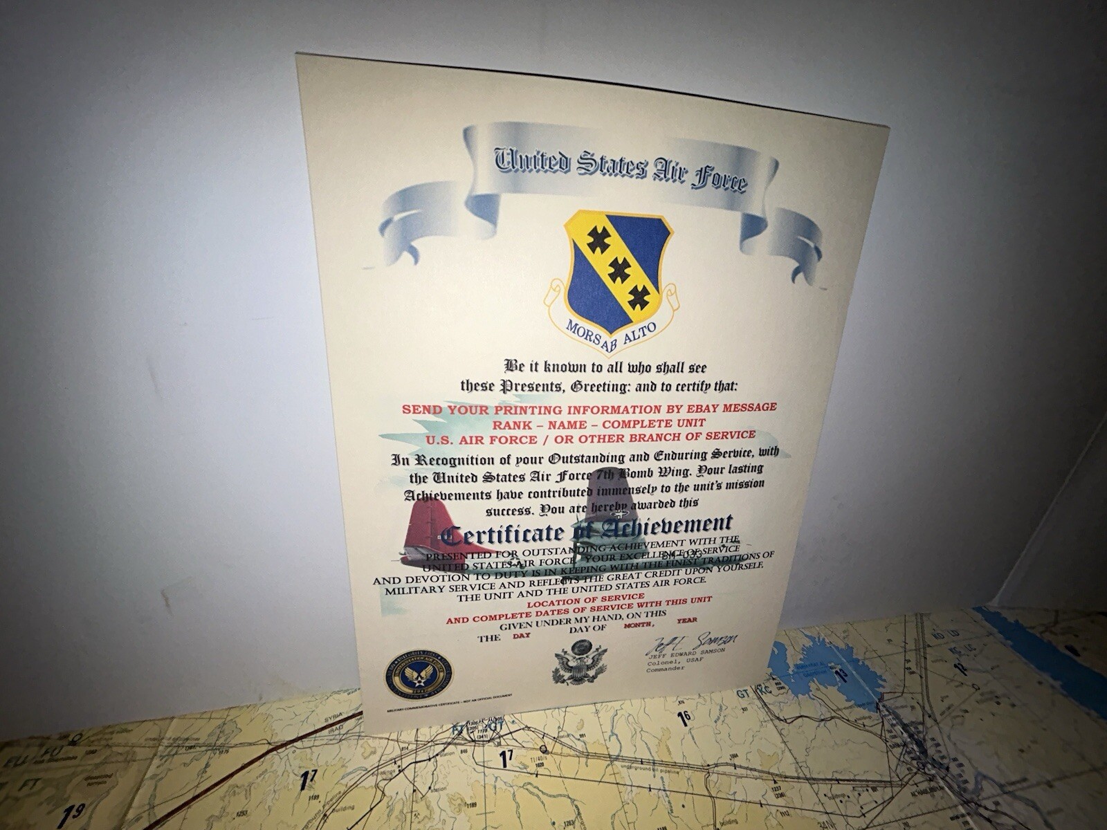 U.S.A.F. / AIR FORCE 7TH BOMB WING - CERTIFICATE OF ACHIEVEMENT
