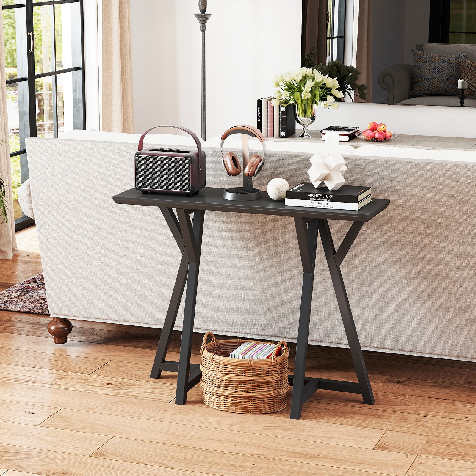 Black Console Table, Triangle Structure Design Sofa Table for Living Room