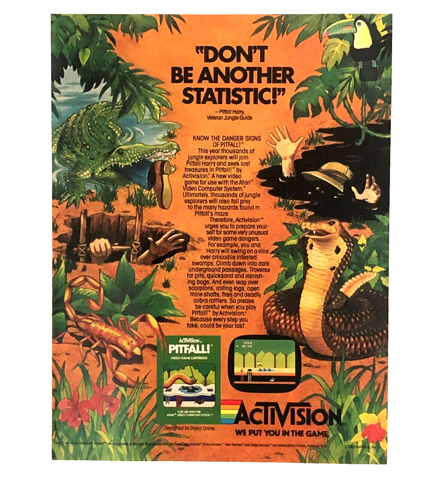 Activision Pitfall Game Advertisement 1982 Jungle Danger Animals Vtg Print AD