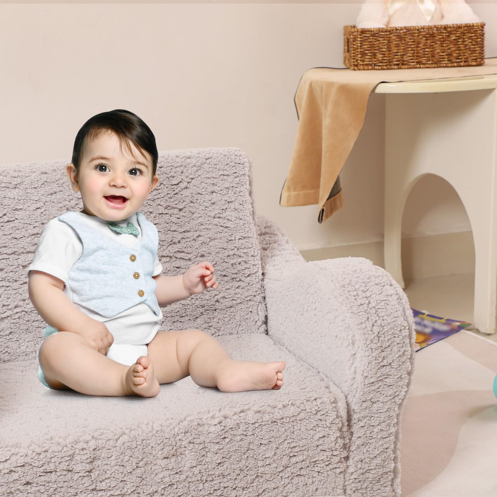 Kids Convertible Sofa Chair: 2-in-1 Toddler Couch & Lounger, Soft Sherpa, Grey